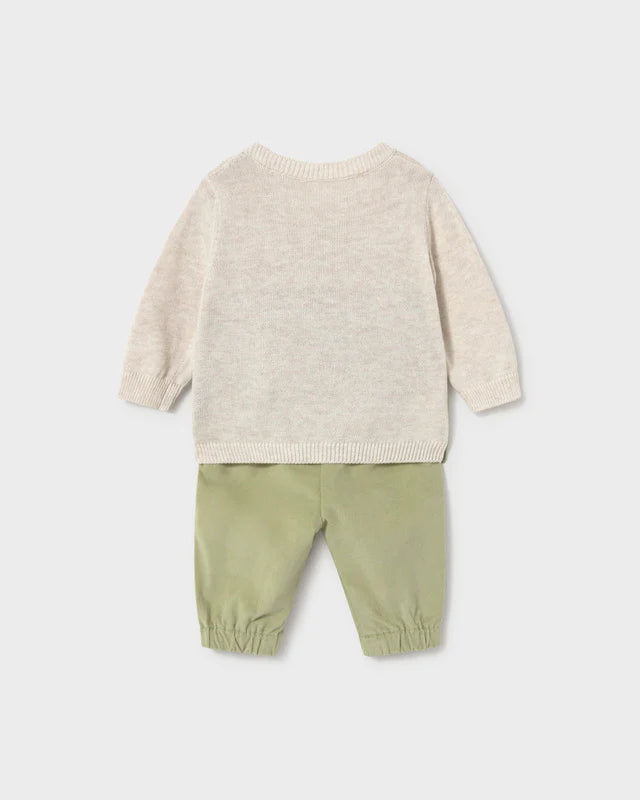 Rear view of Mayoral newborn baby boys cream jumper and cactus-green trousers
