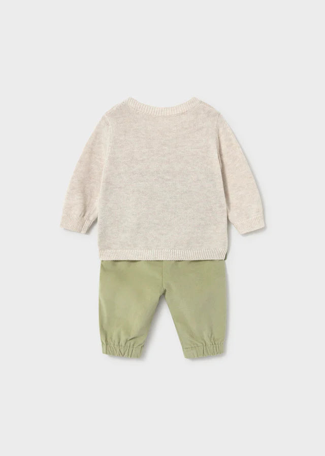 Rear view of Mayoral newborn baby boys cream jumper and cactus-green trousers