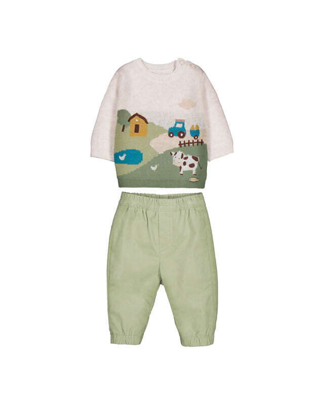 Front view of Mayoral baby boys two-piece farm knitted jumper and green trouser outfit set