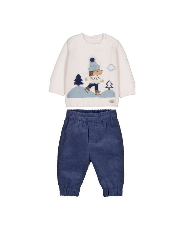 Mayoral newborn and baby boys cream ice-skating dog top with indigo blue trousers outfit set