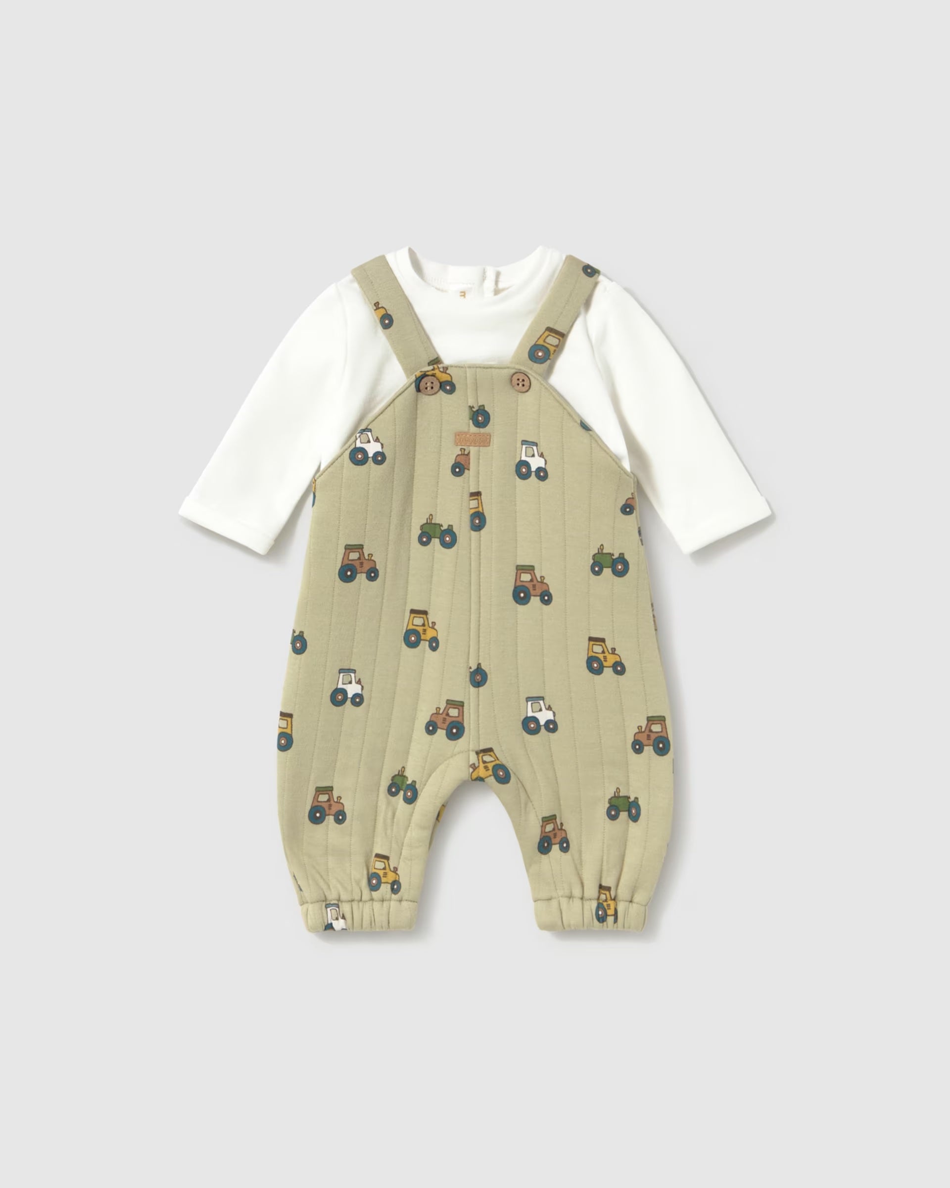 Front view of Mayoral newborn baby boys tractor dungaree two-piece outfit set
