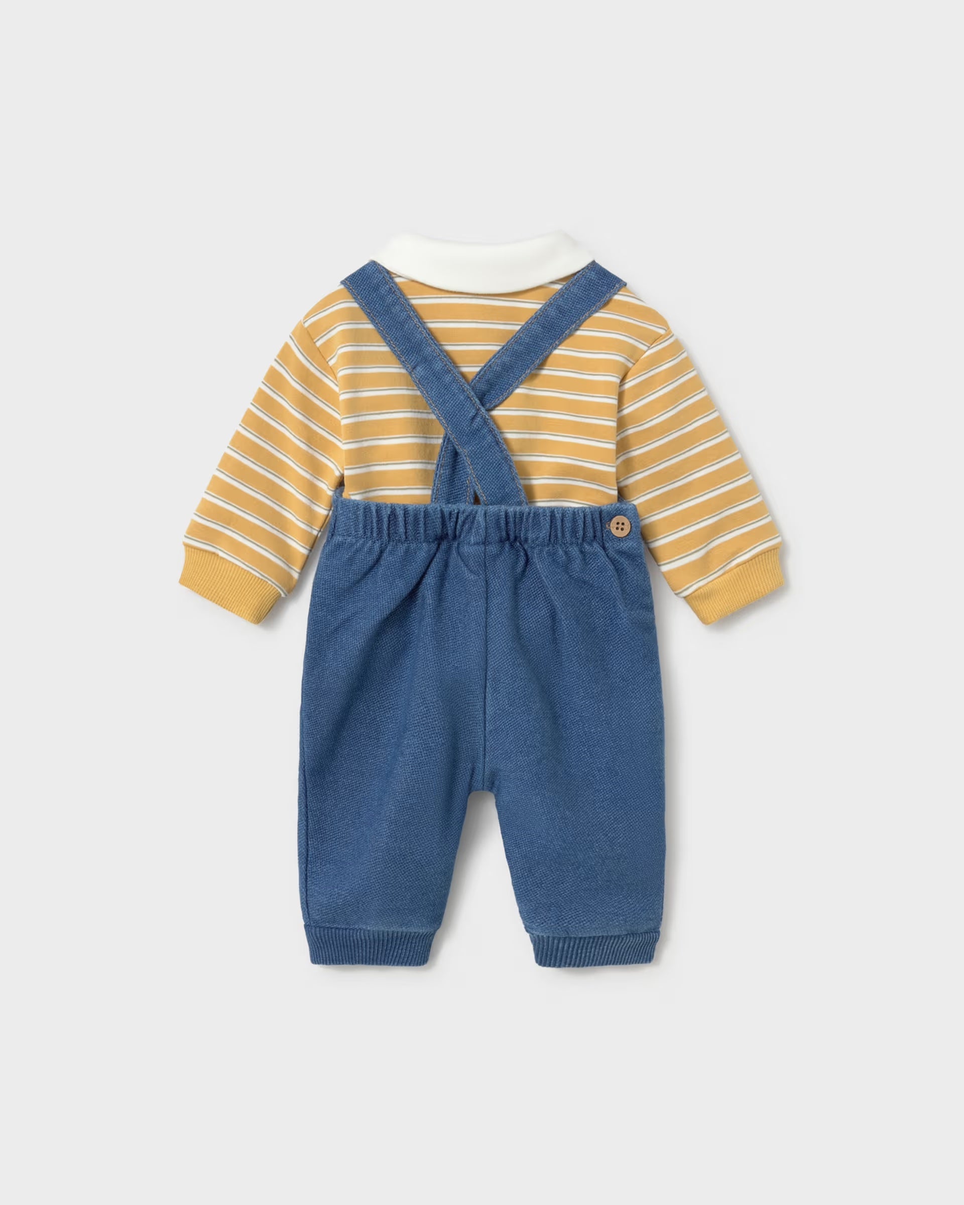 Baby boys denim dungarees outfit set with yellow striped polo top