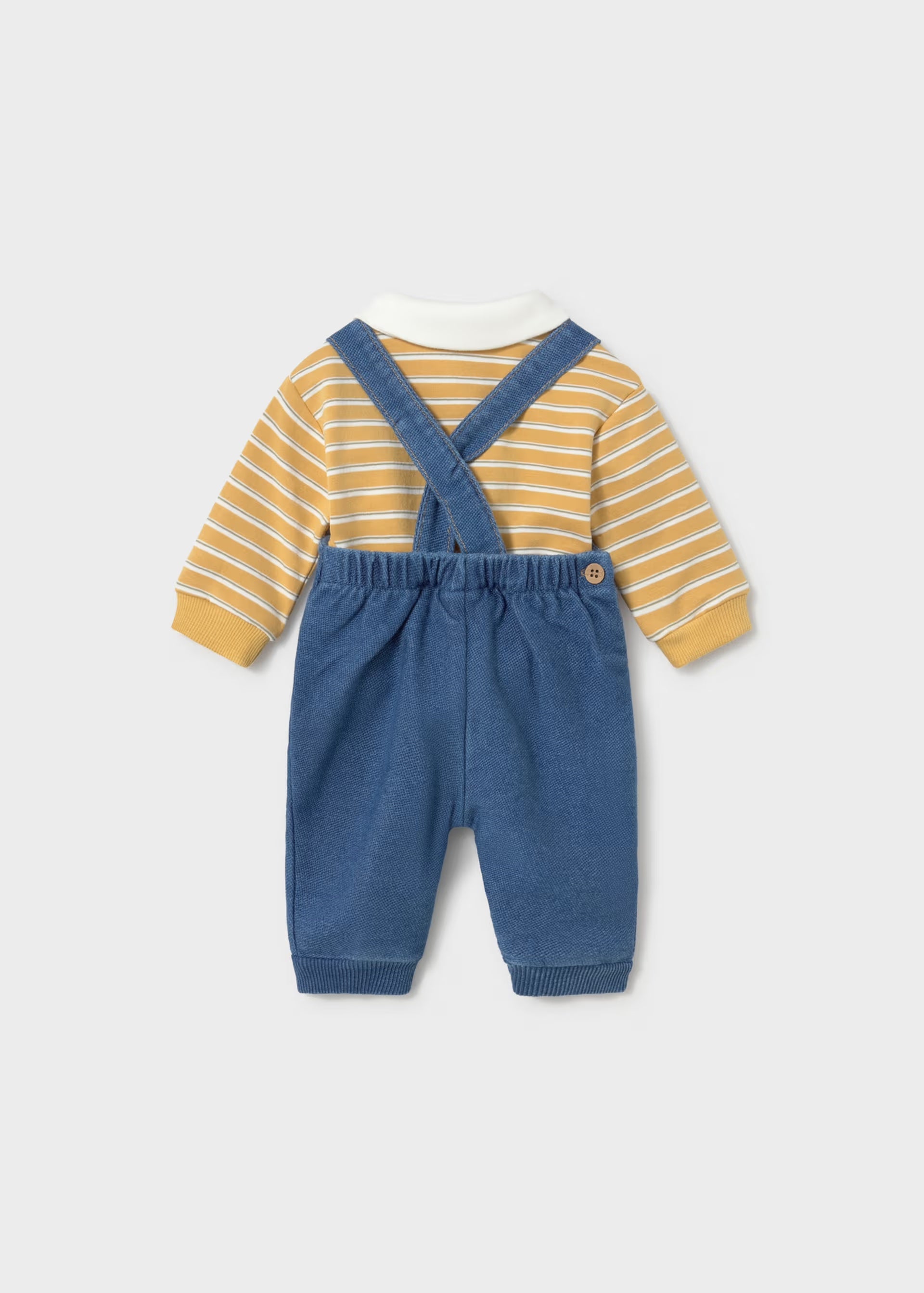 Baby boys denim dungarees outfit set with yellow striped polo top