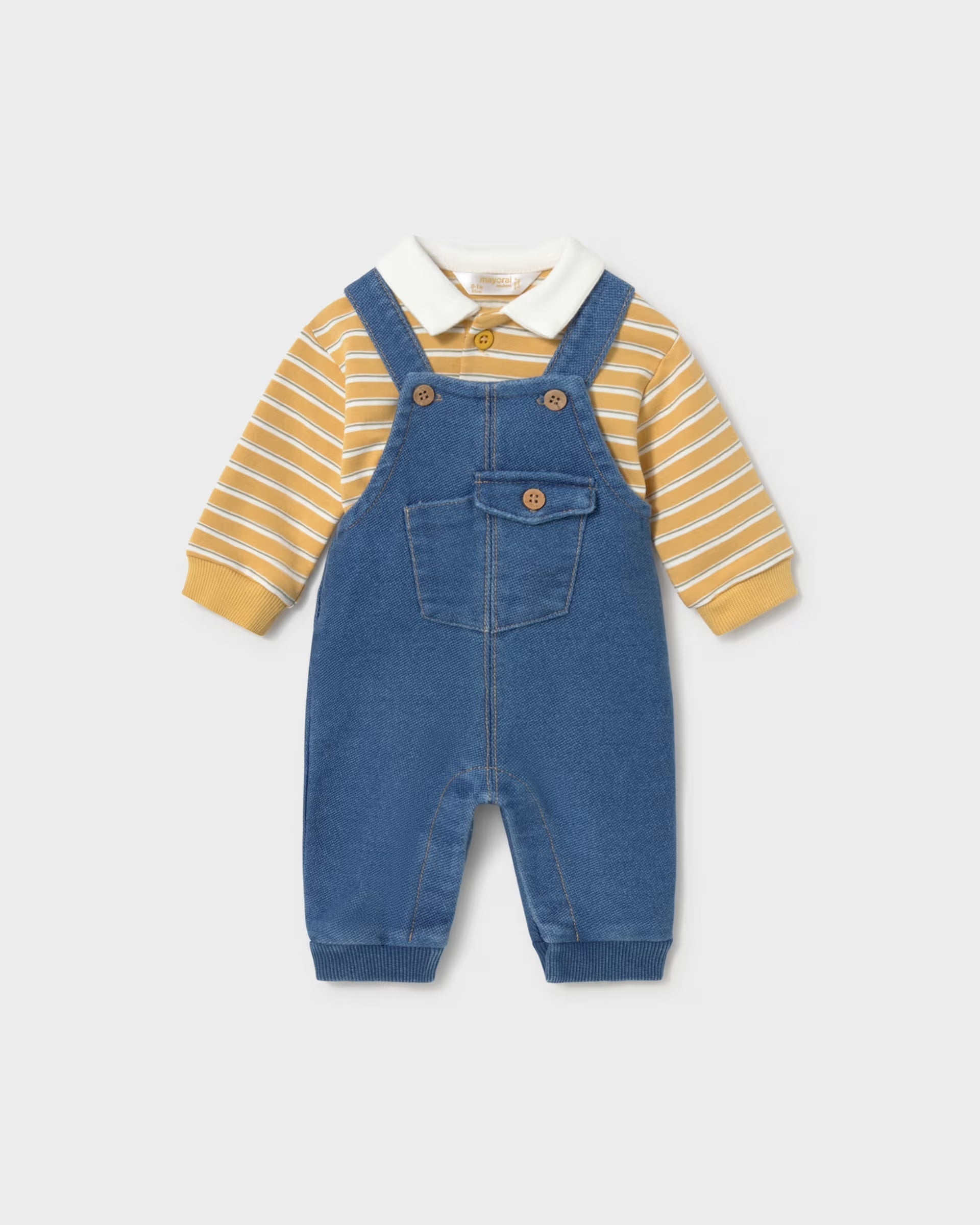 Mayoral baby boys denim dungarees and striped yellow polo set