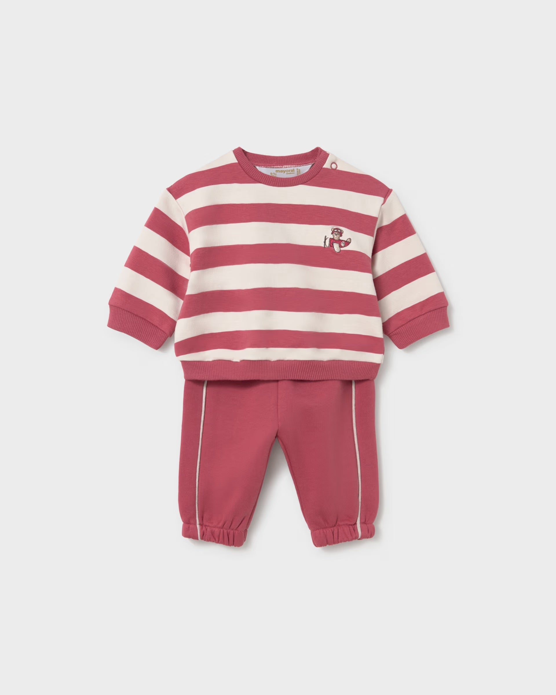 Mayoral newborn baby boys red and cream striped tracksuit with embroidered airplane sweatshirt and contrast-piped joggers