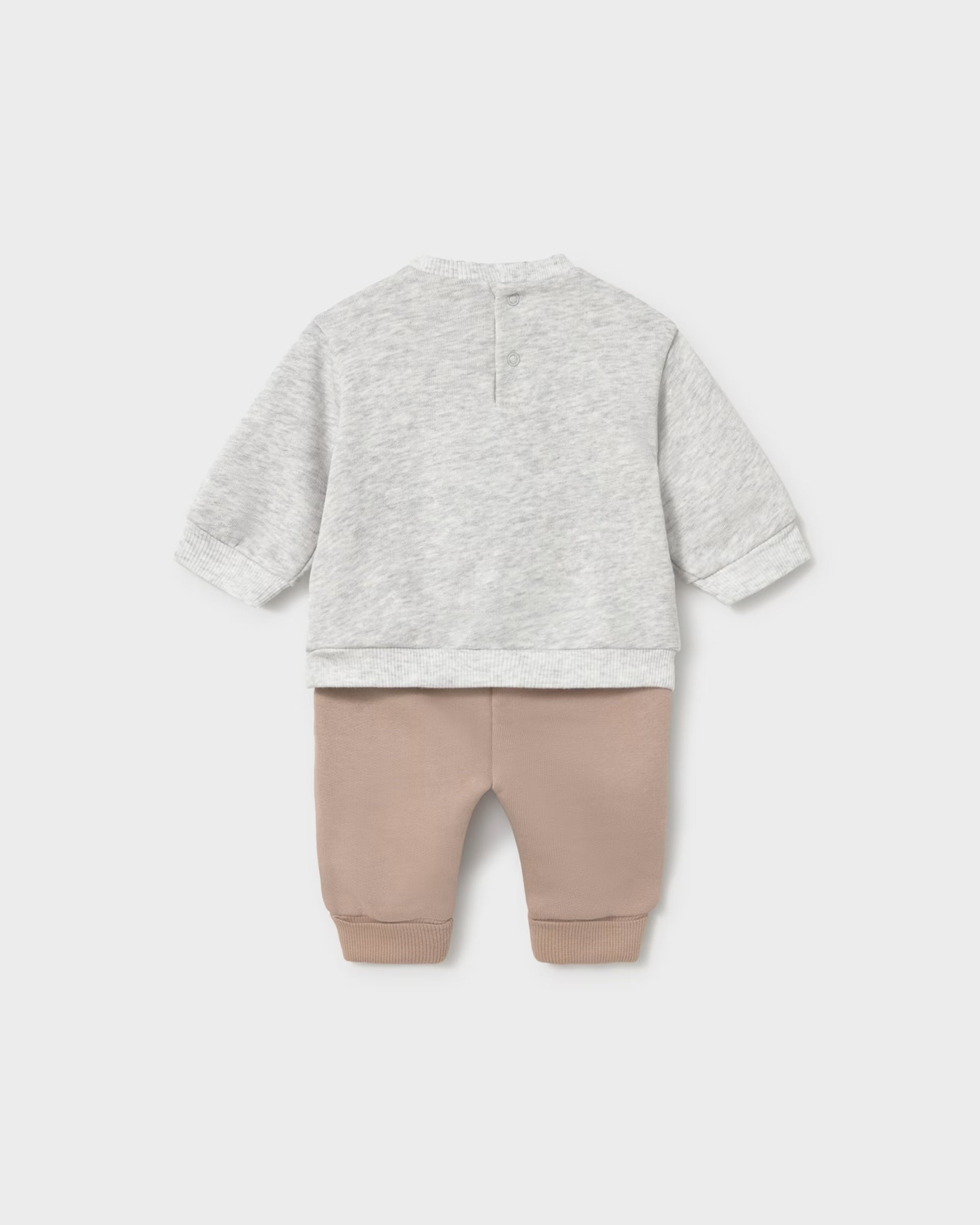 Rear view of Mayoral newborn baby boys grey sweatshirt and taupe joggers tracksuit set