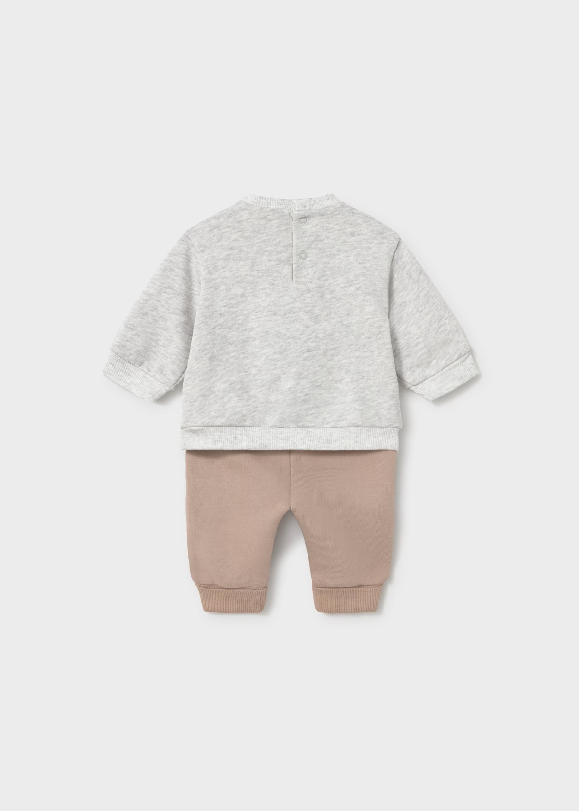 Rear view of Mayoral newborn baby boys grey sweatshirt and taupe joggers tracksuit set
