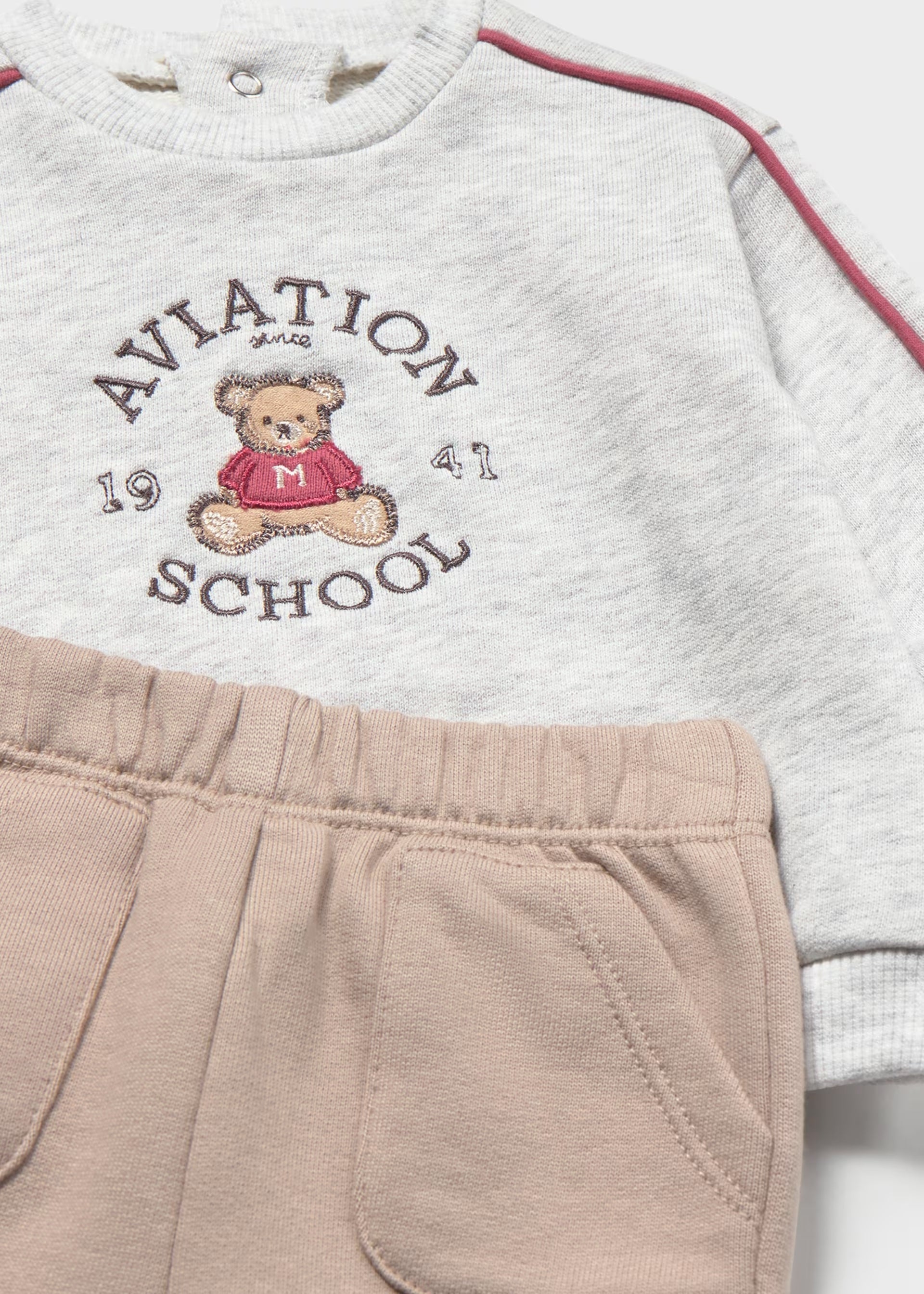 Close-up of Mayoral baby boys grey Aviation School teddy sweatshirt and elasticated taupe joggers