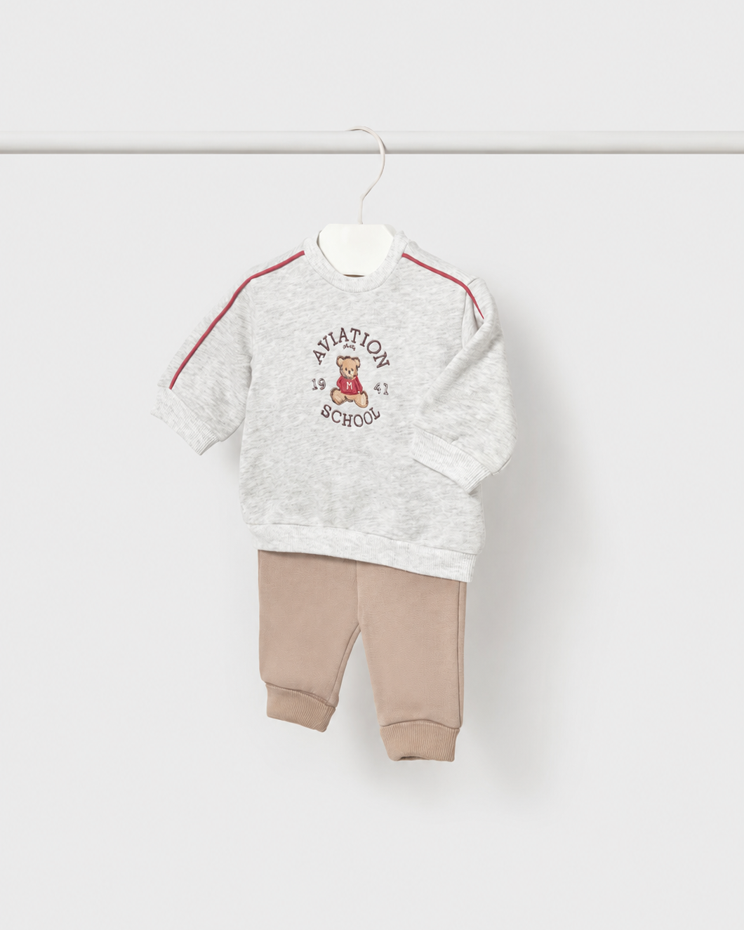 Mayoral newborn baby boys Aviation School tracksuit set with grey teddy sweatshirt and taupe joggers
