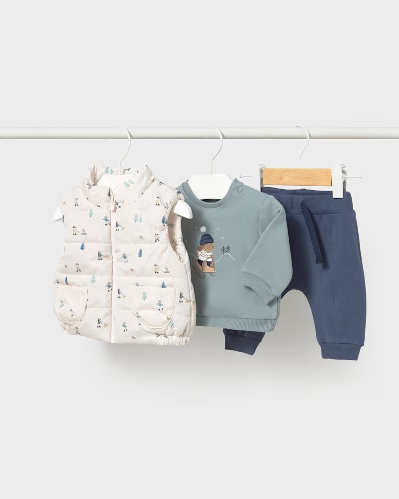 Mayoral newborn baby boys indigo 3 piece tracksuit set with printed padded gilet, blue sweatshirt and navy joggers