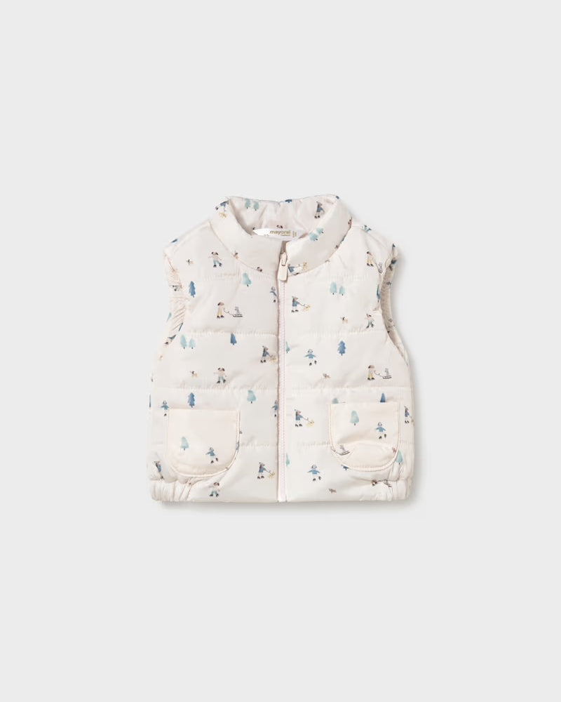 Mayoral baby boys cream printed padded gilet with zip fastening and front pockets