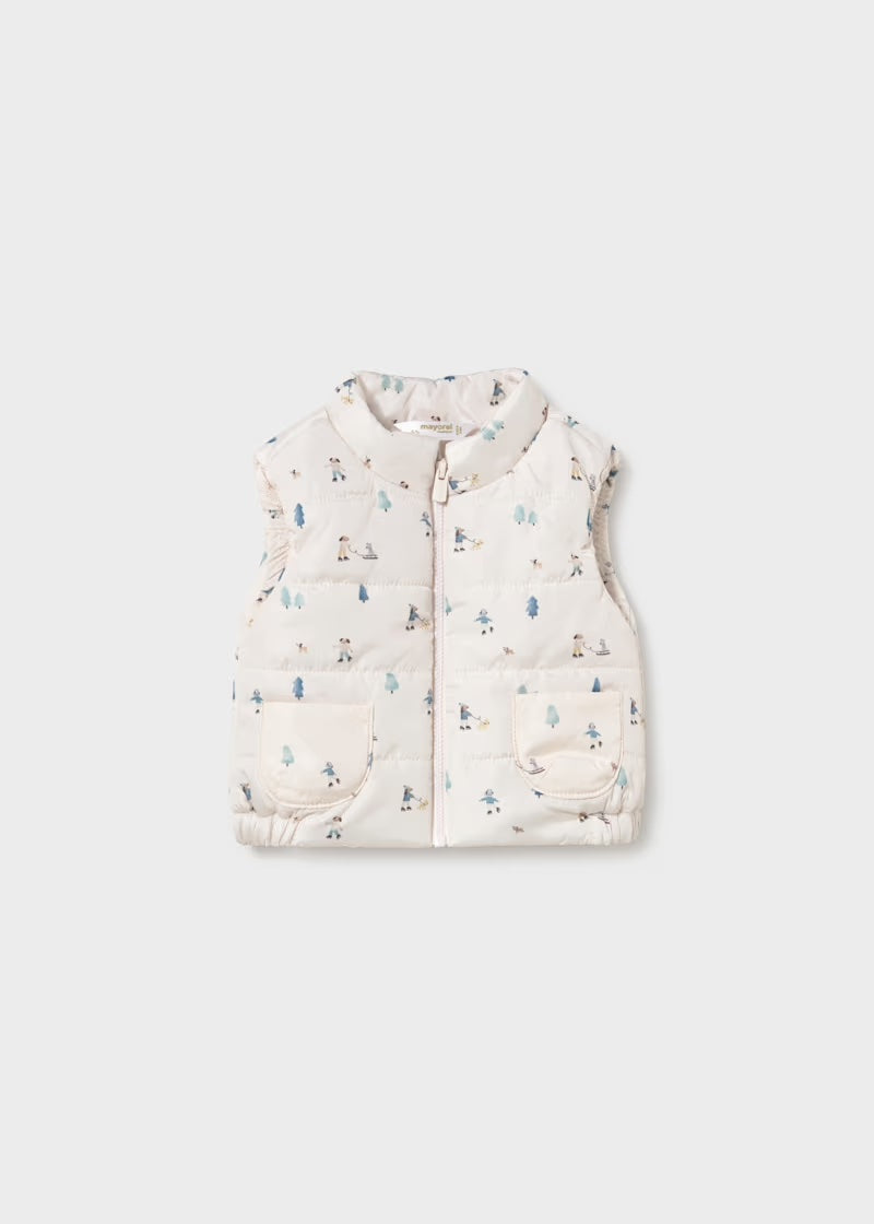 Mayoral baby boys cream printed padded gilet with zip fastening and front pockets