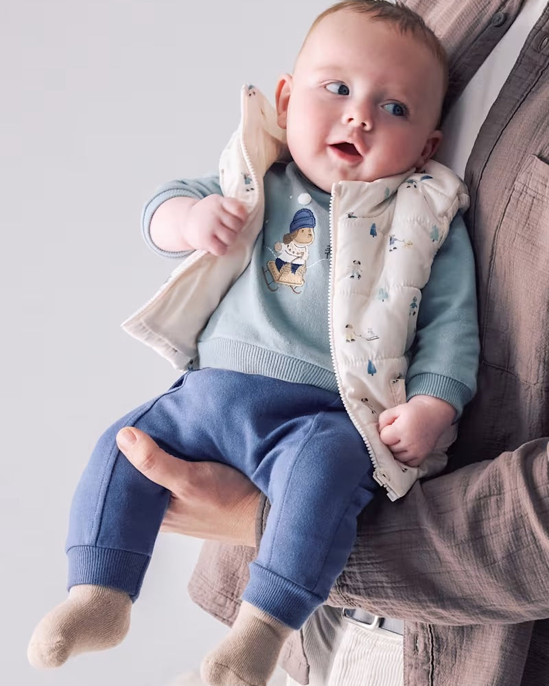 Baby boy wearing the Mayoral 3 piece gilet tracksuit set with blue sweatshirt and navy trousers