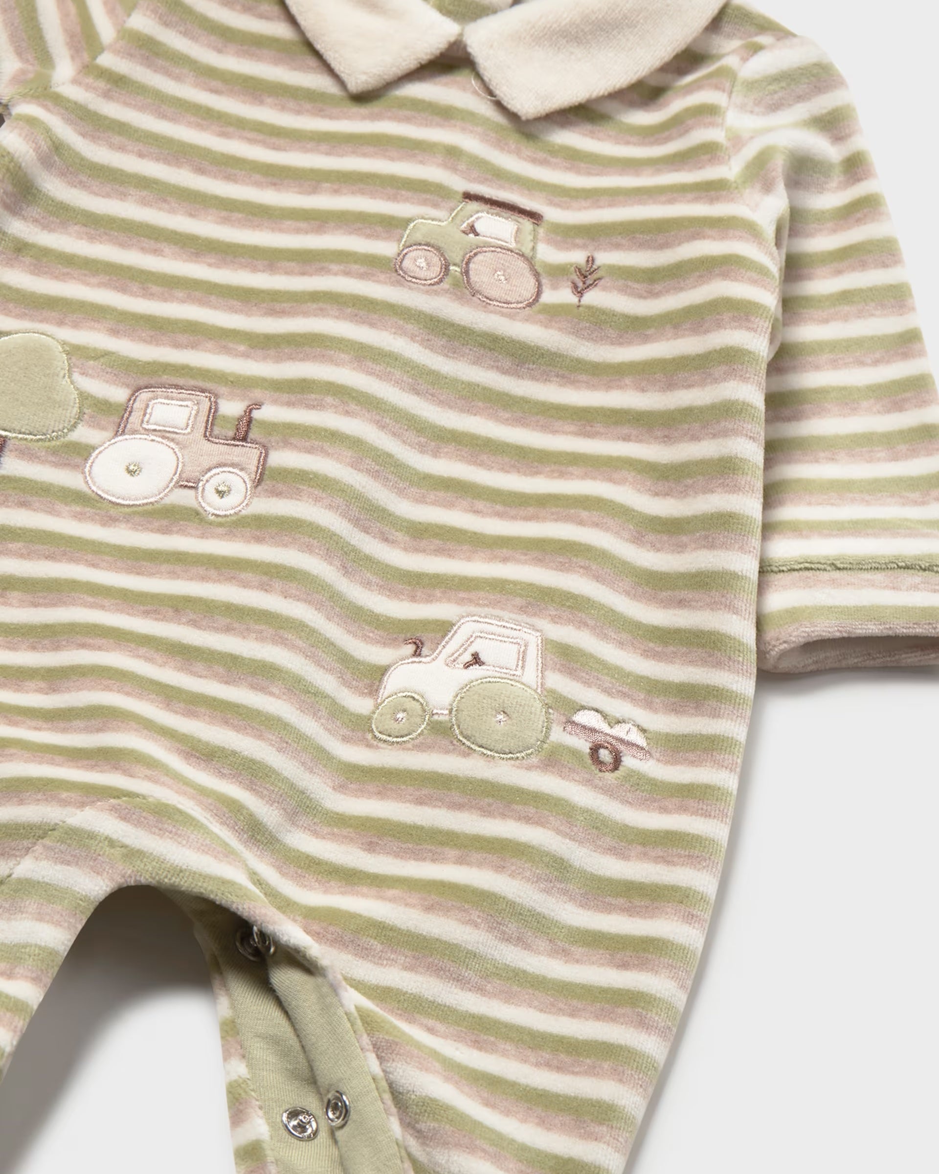 Mayoral baby boys striped velour sleepsuit with tractor embroidery