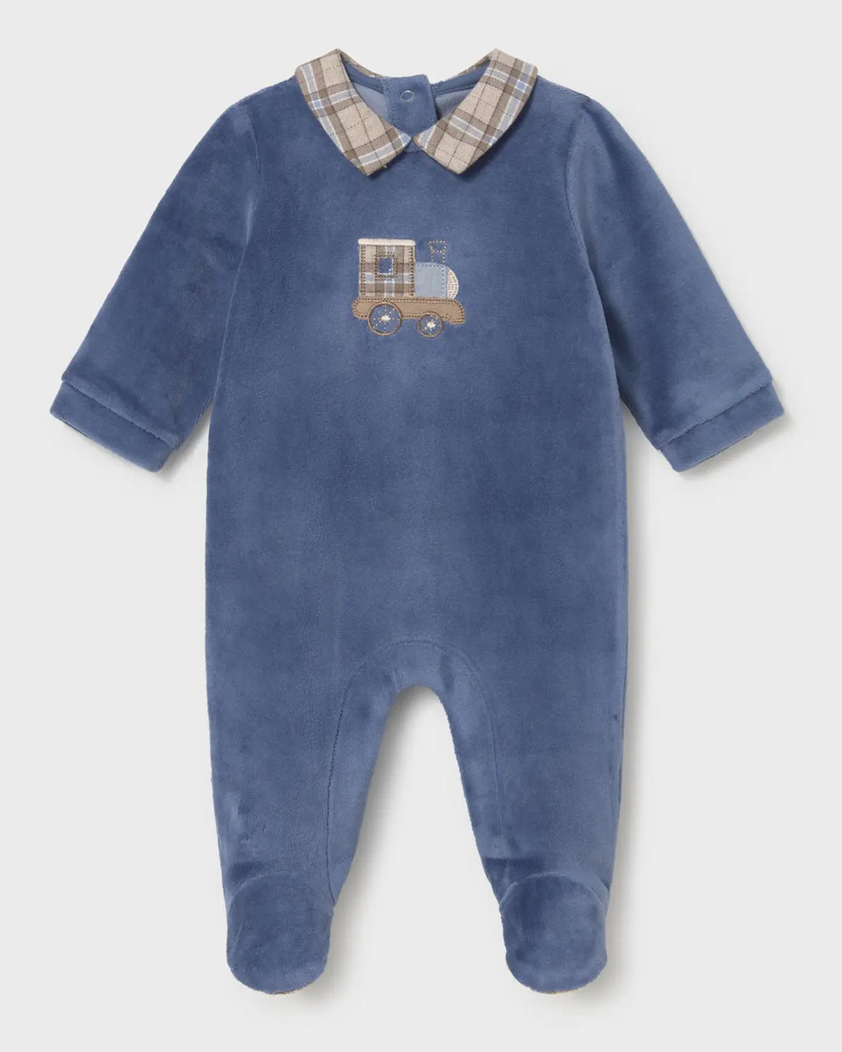 Mayoral newborn baby boys blue velour tractor babygrow