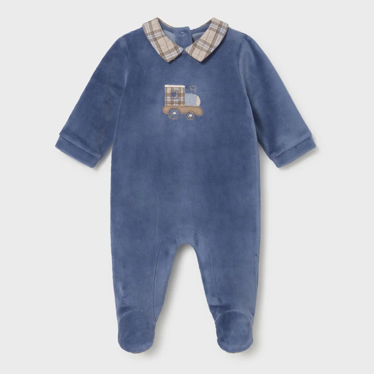 Mayoral newborn baby boys blue velour tractor babygrow