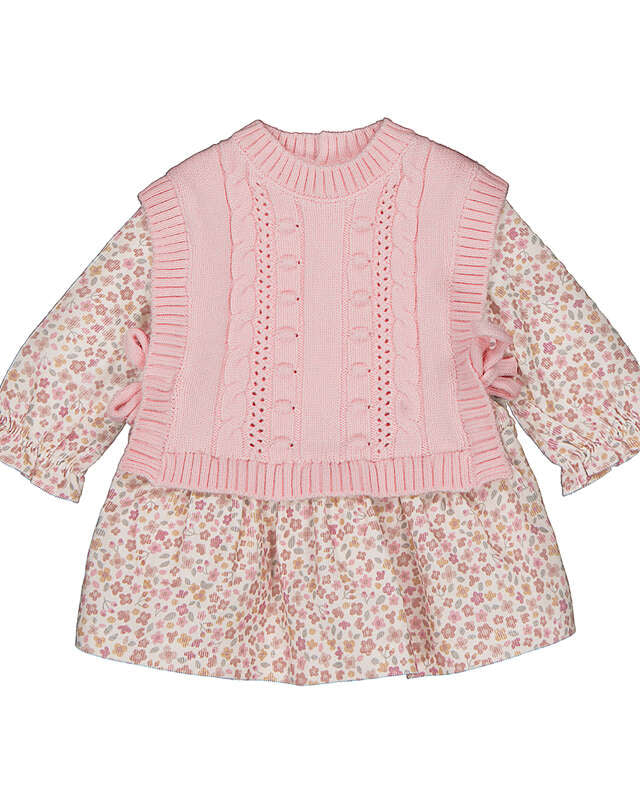 Mayoral newborn baby girls pink floral long-sleeved dress with cable-knit vest overlay and side bows
