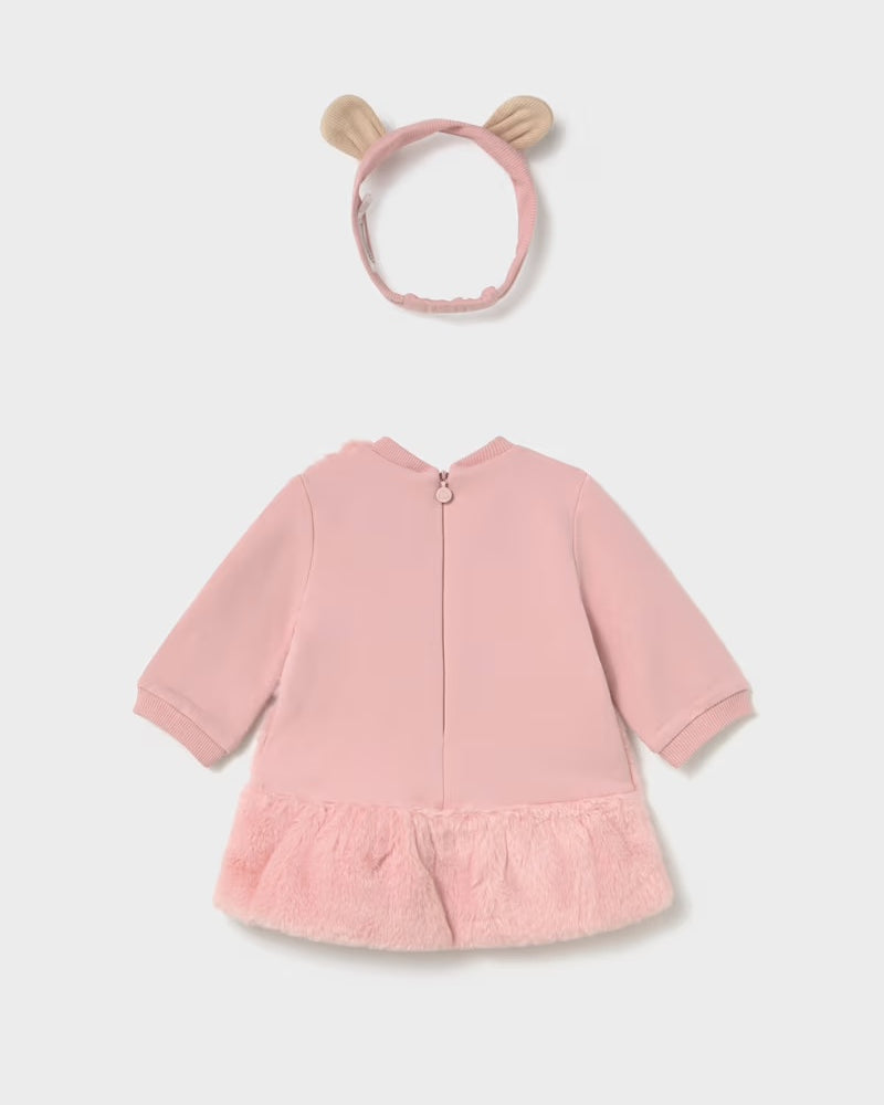 Rear view of the Mayoral baby girls pink long-sleeved dress with ruffle hem and matching headband