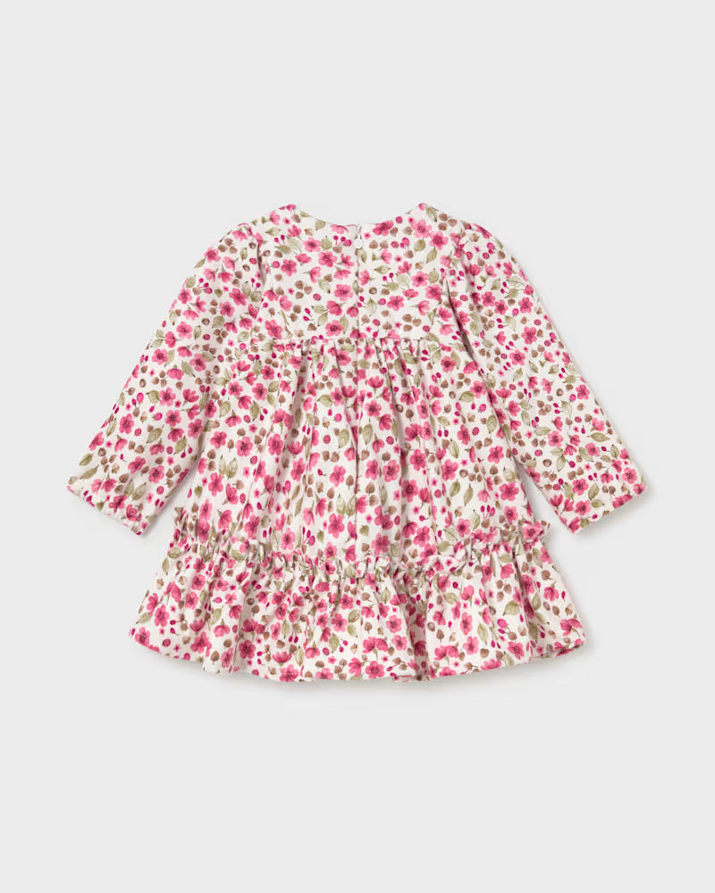 Mayoral pink blossom velvet dress for baby girls with long sleeves and tiered ruffle hem