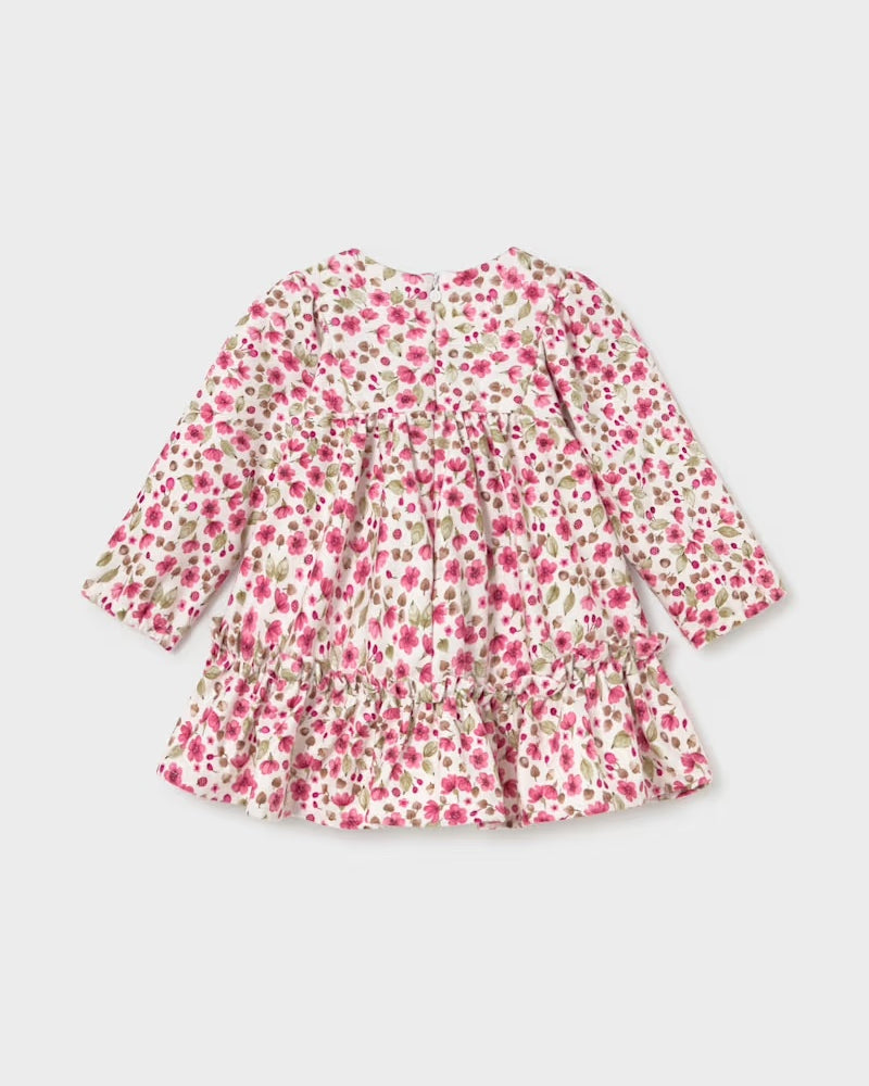 Rear view of the Mayoral baby girls floral velvet dress showing the back fastening and gathered skirt