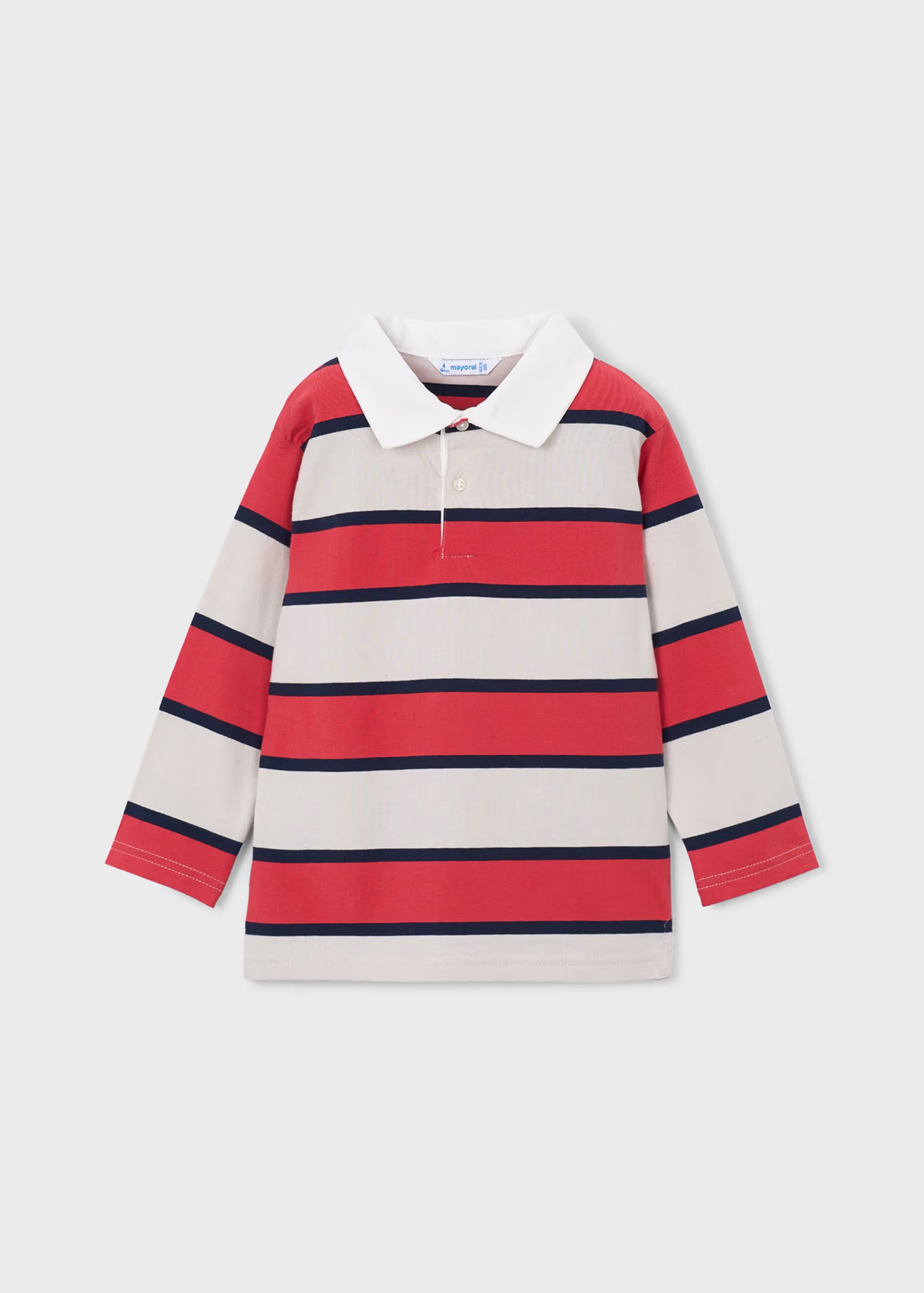 Mayoral boys red and white long sleeve striped polo top front view