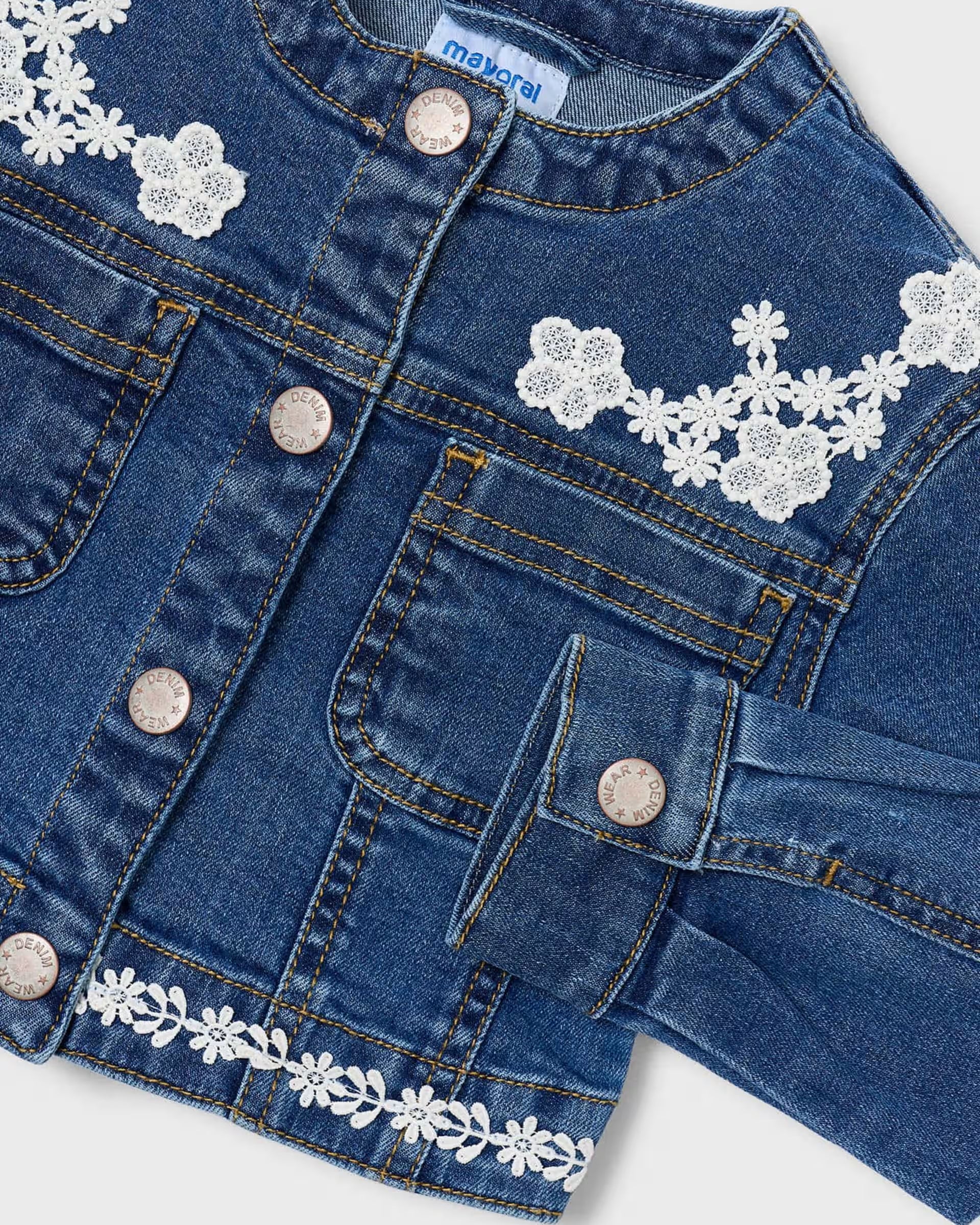 Mayoral girls dark denim jacket lace detail close up
