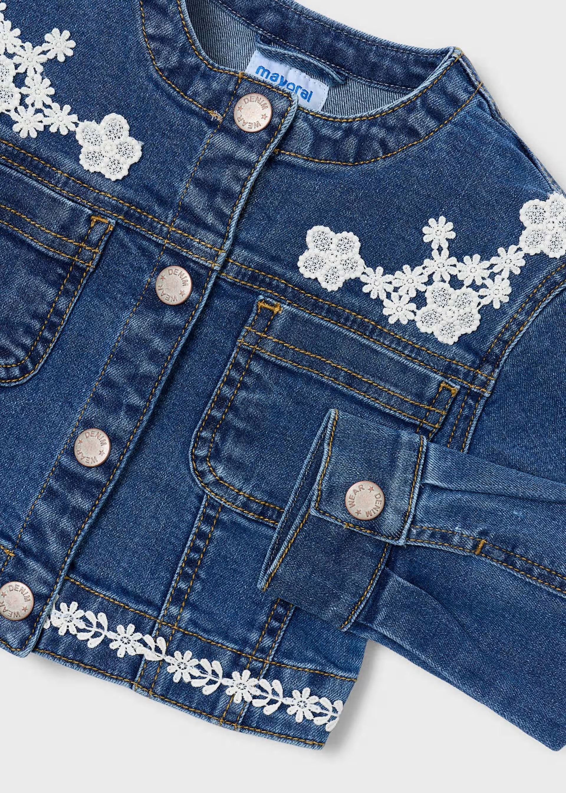 Mayoral girls dark denim jacket lace detail close up