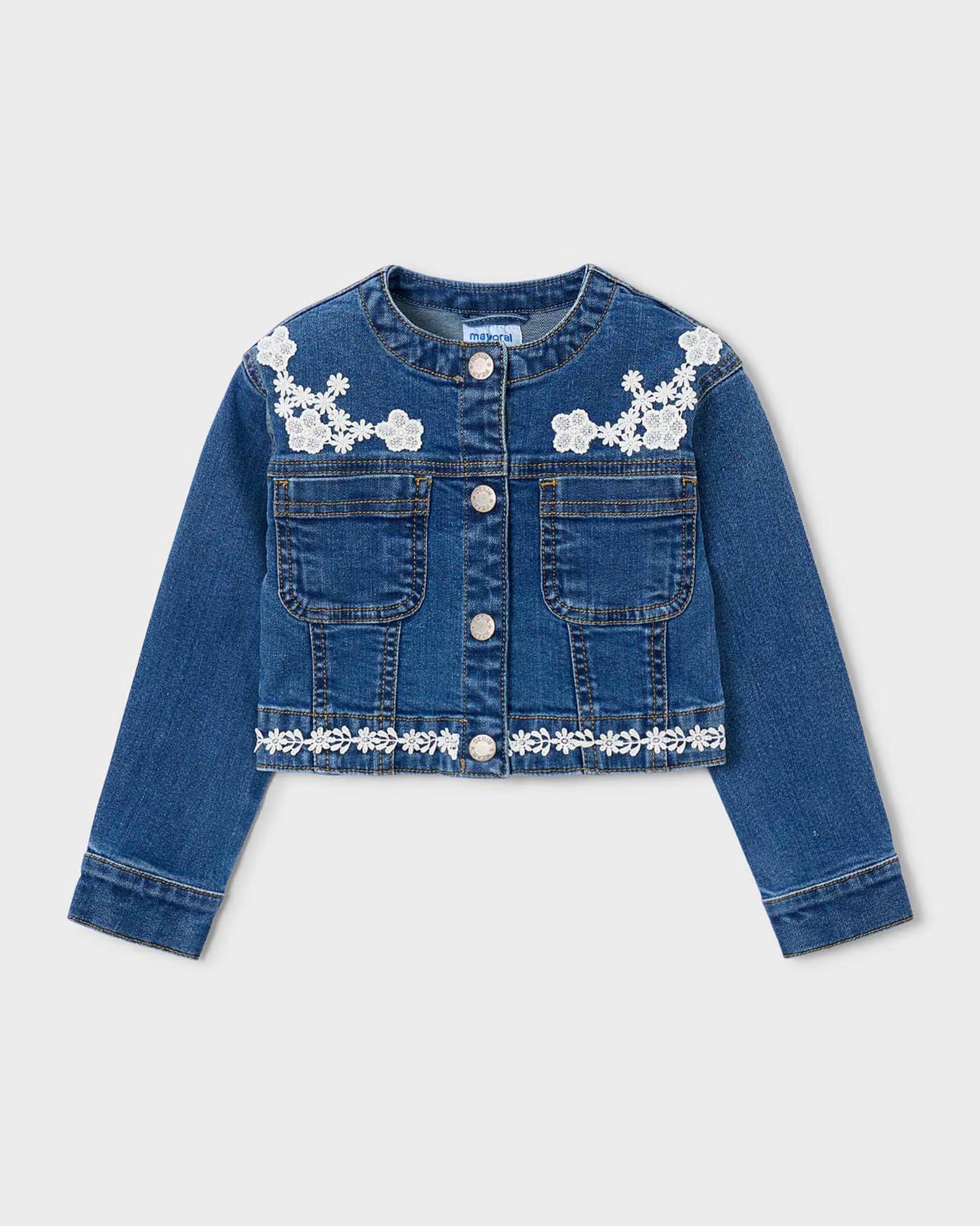 Mayoral girls dark denim jacket embroidered lace front