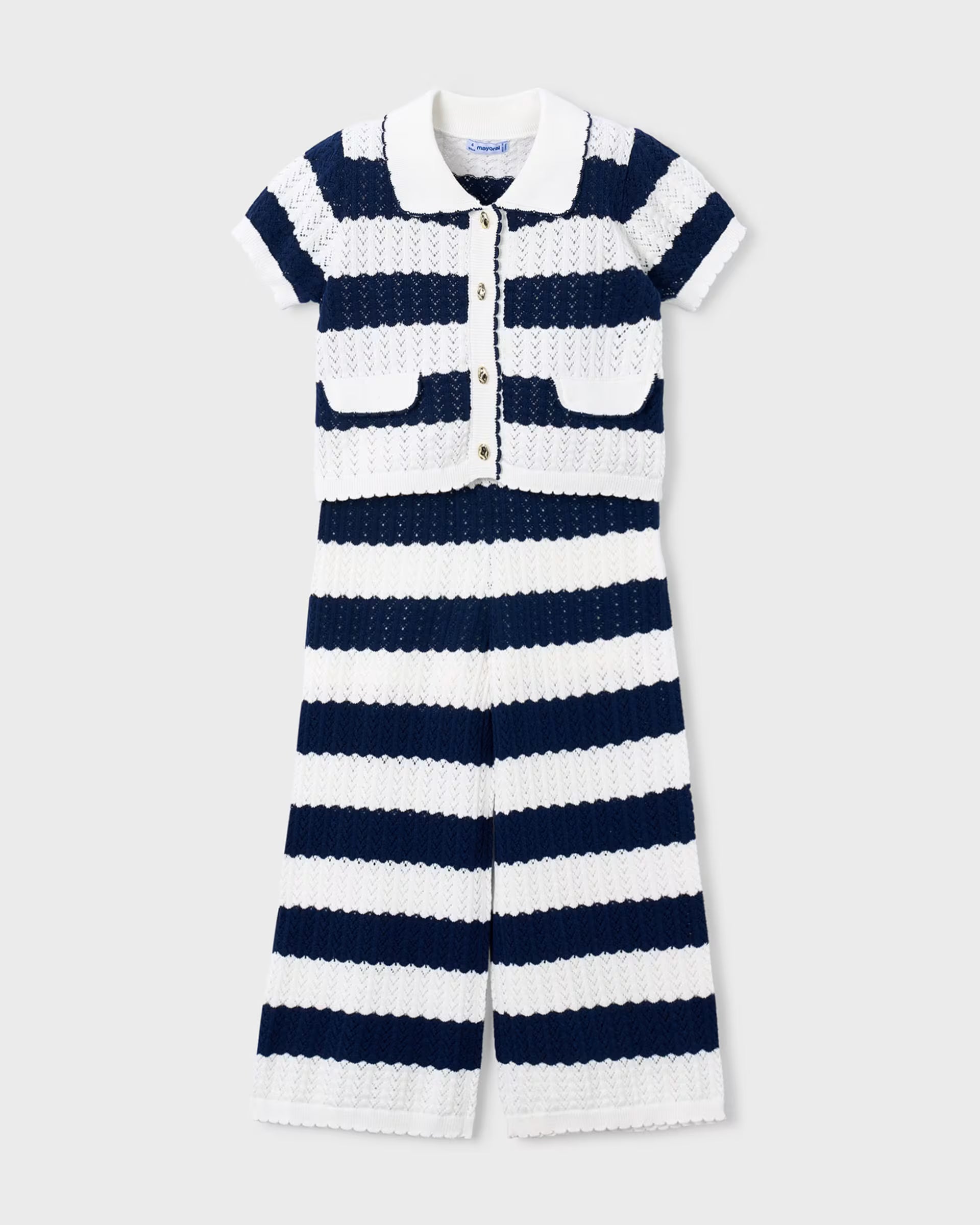 Mayoral girls knitted stripe co ord set navy white outfit