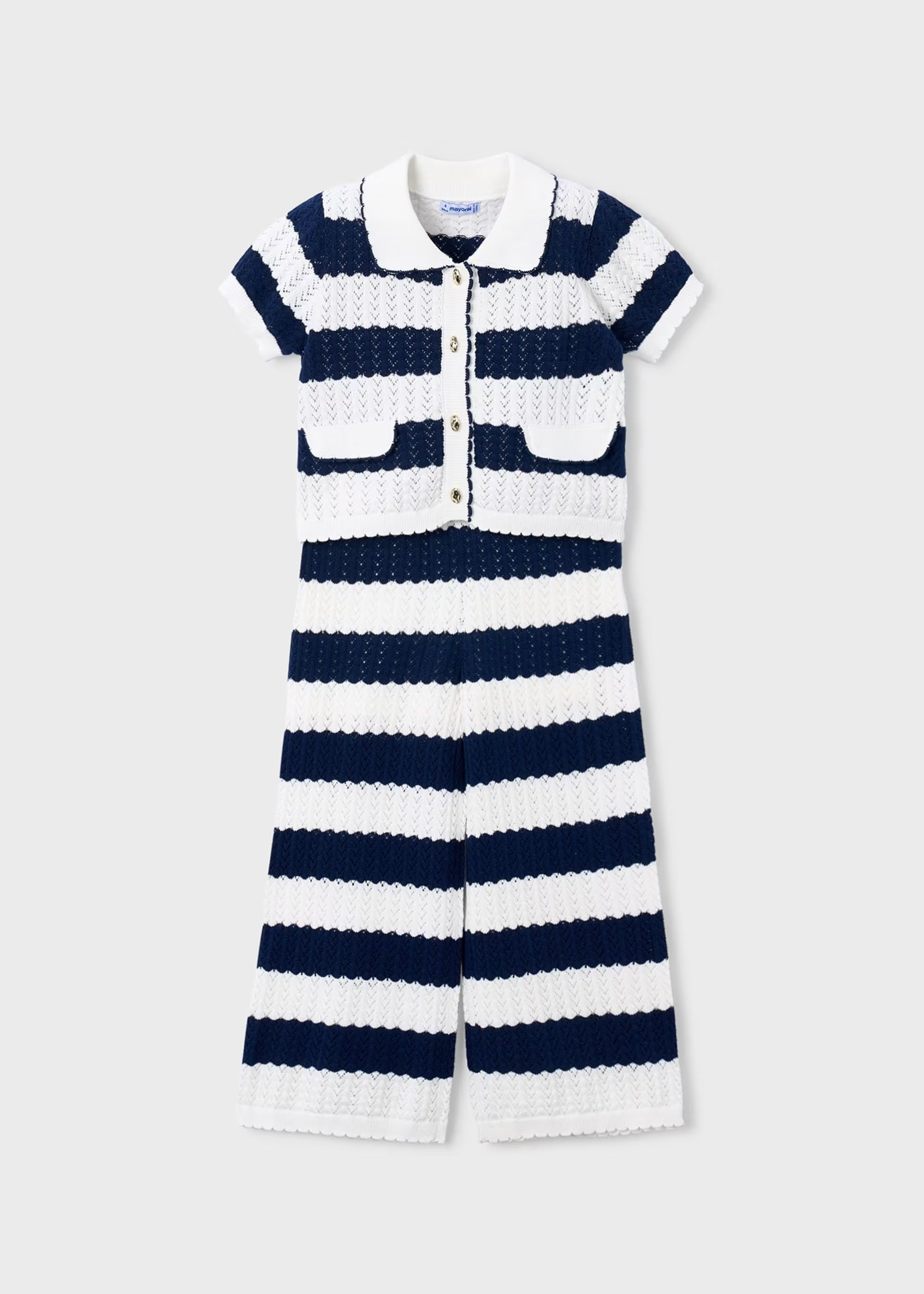 Mayoral girls knitted stripe co ord set navy white outfit