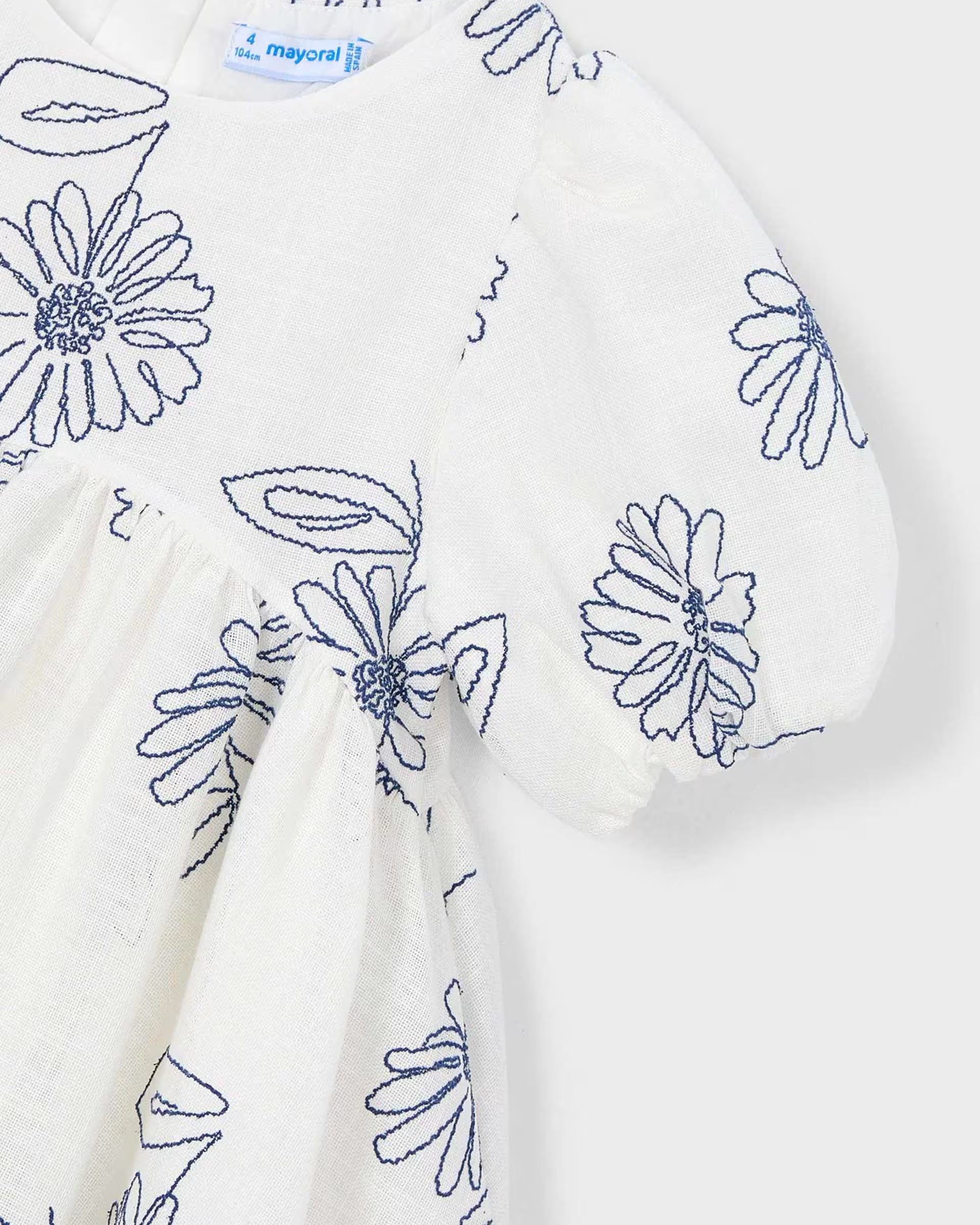 Mayoral girls white and blue floral embroidery dress close up