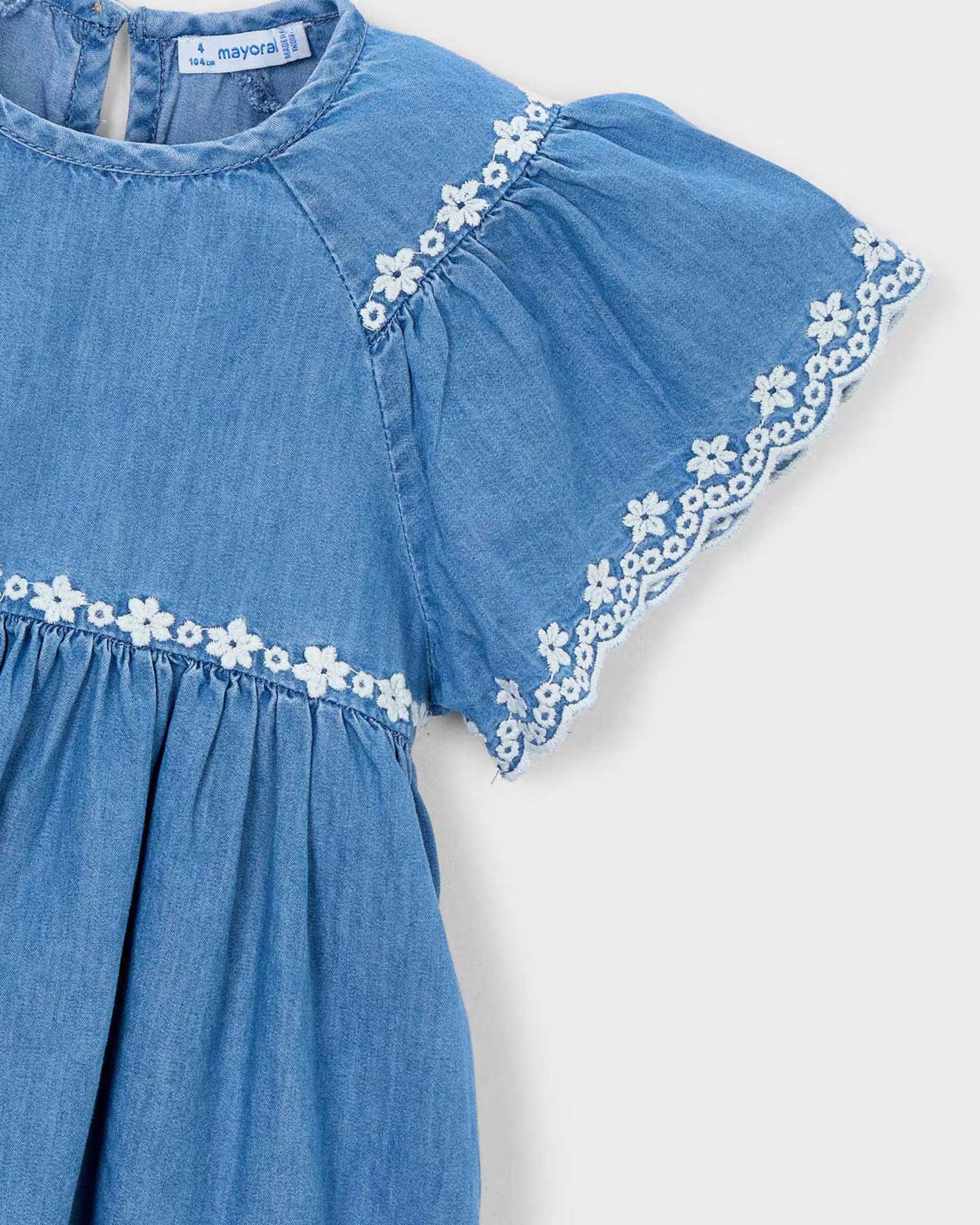 Mayoral girls denim dress embroidered lace sleeve detail