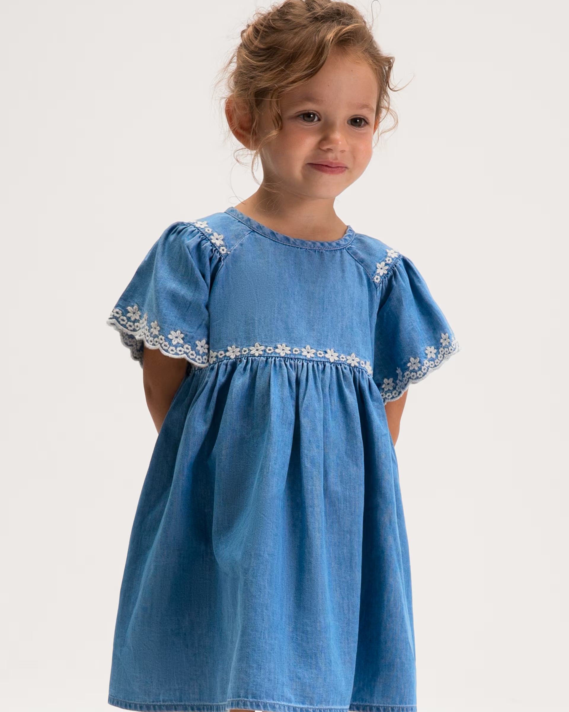 Mayoral girls denim dress worn outfit