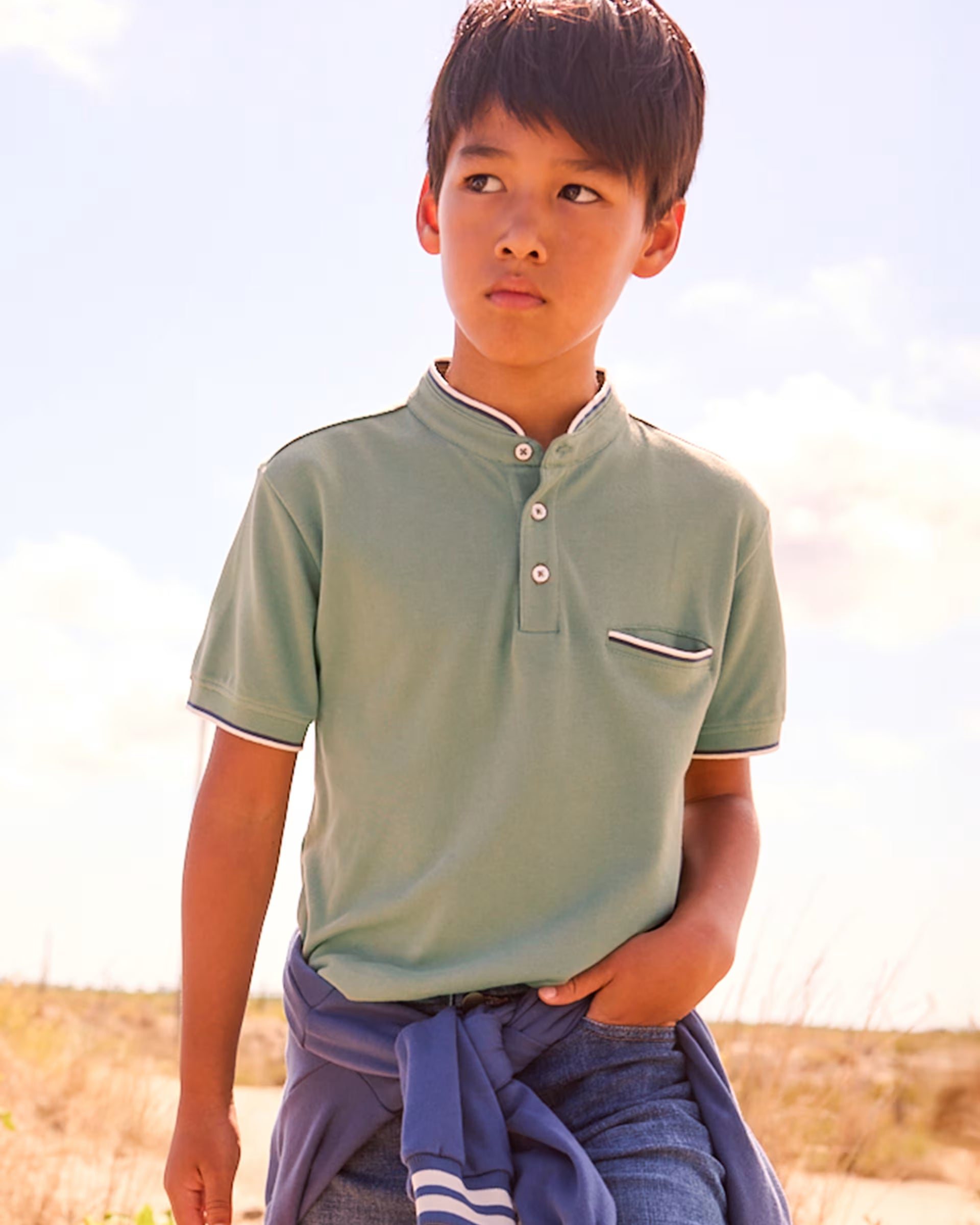 Mayoral boys summer polo shirt mandarin collar green
