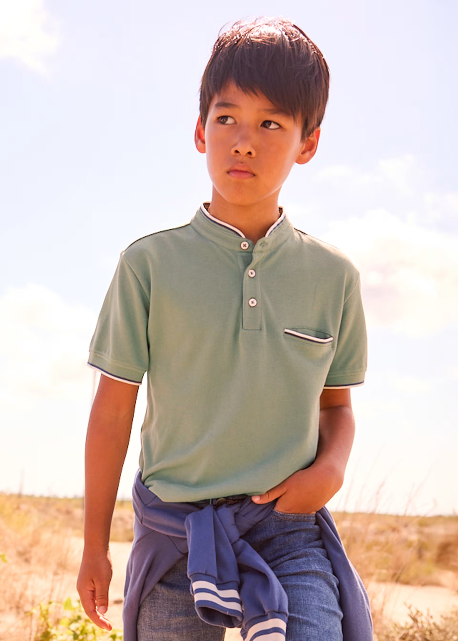 Mayoral boys summer polo shirt mandarin collar green