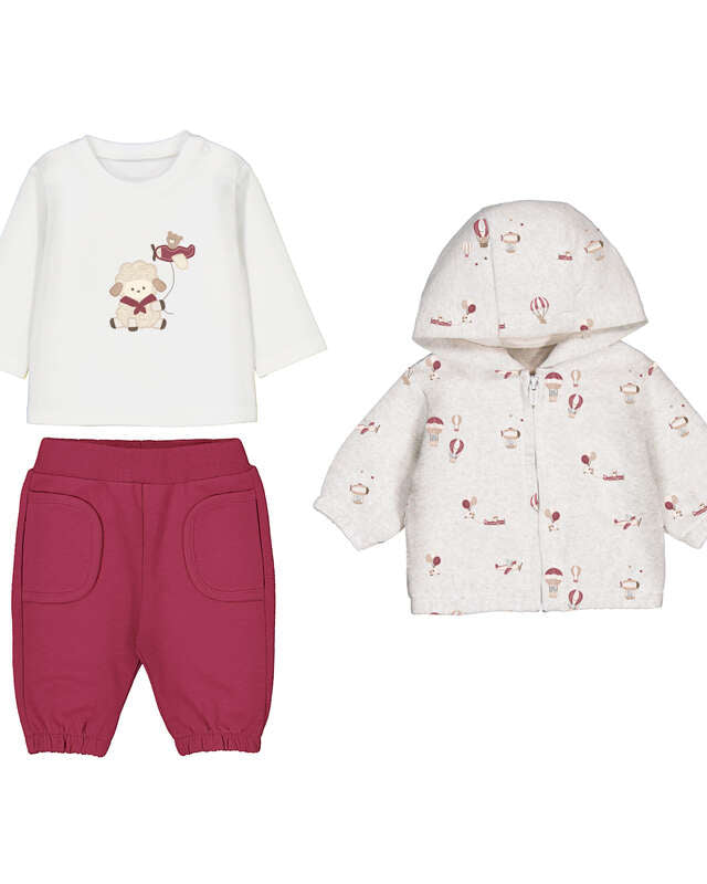 Mayoral newborn baby girls plum 3 piece tracksuit set with printed hooded jacket, cream sheep top and joggers