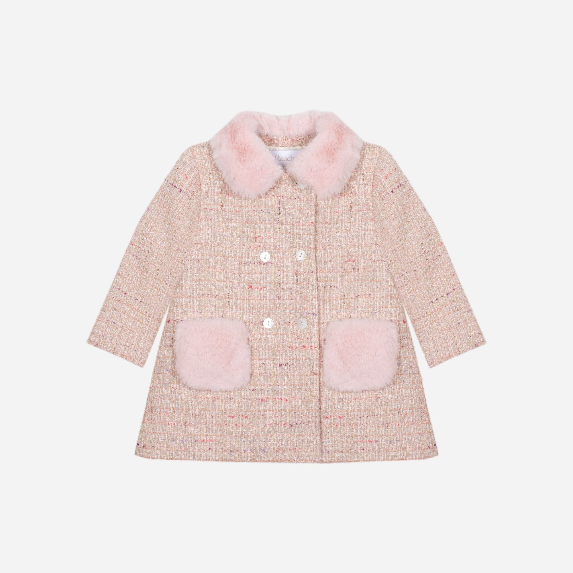 Patachou pink tweed coat for girls with faux fur collar and pockets