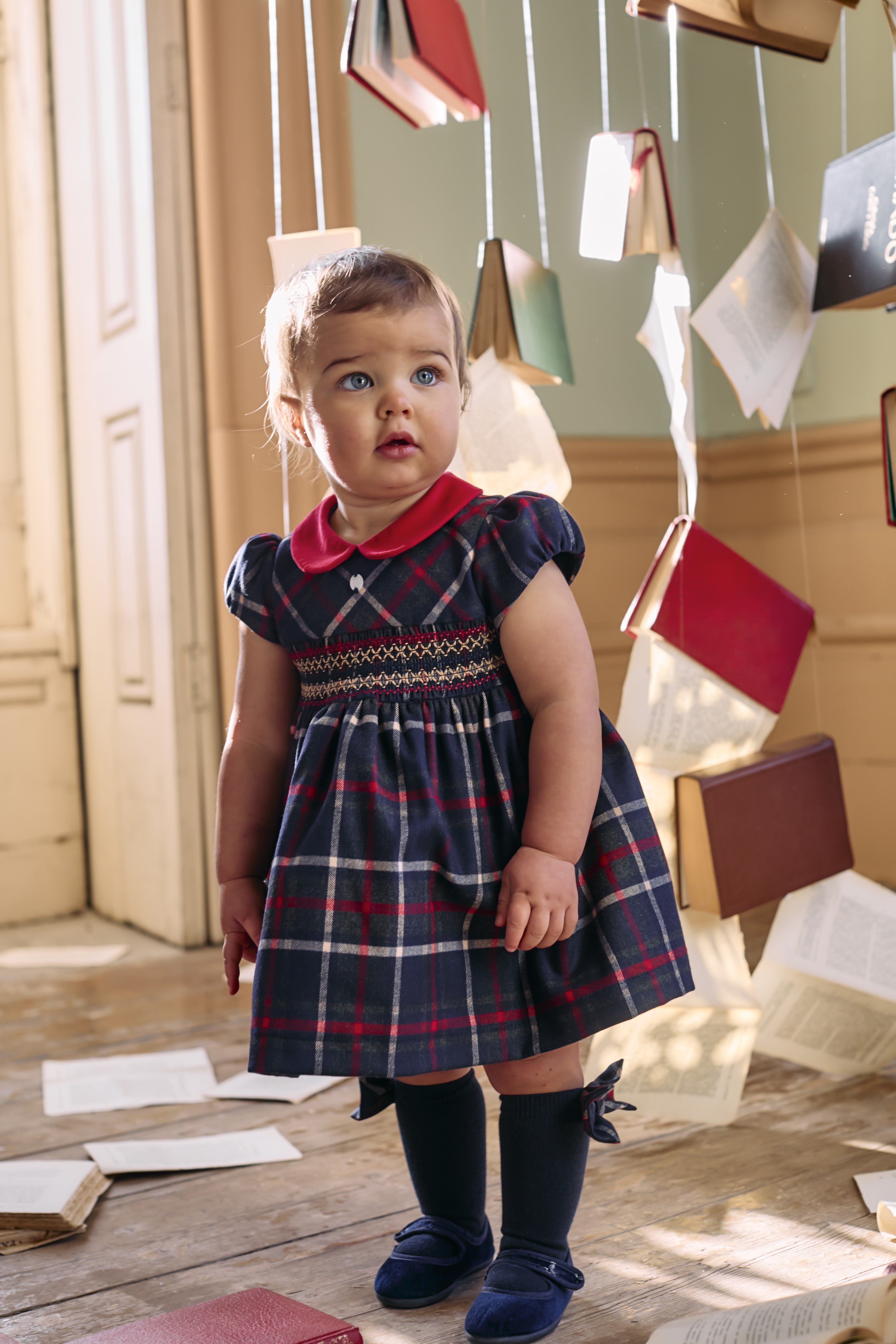 Toddler wearing Patachou navy tartan peter pan collar dress