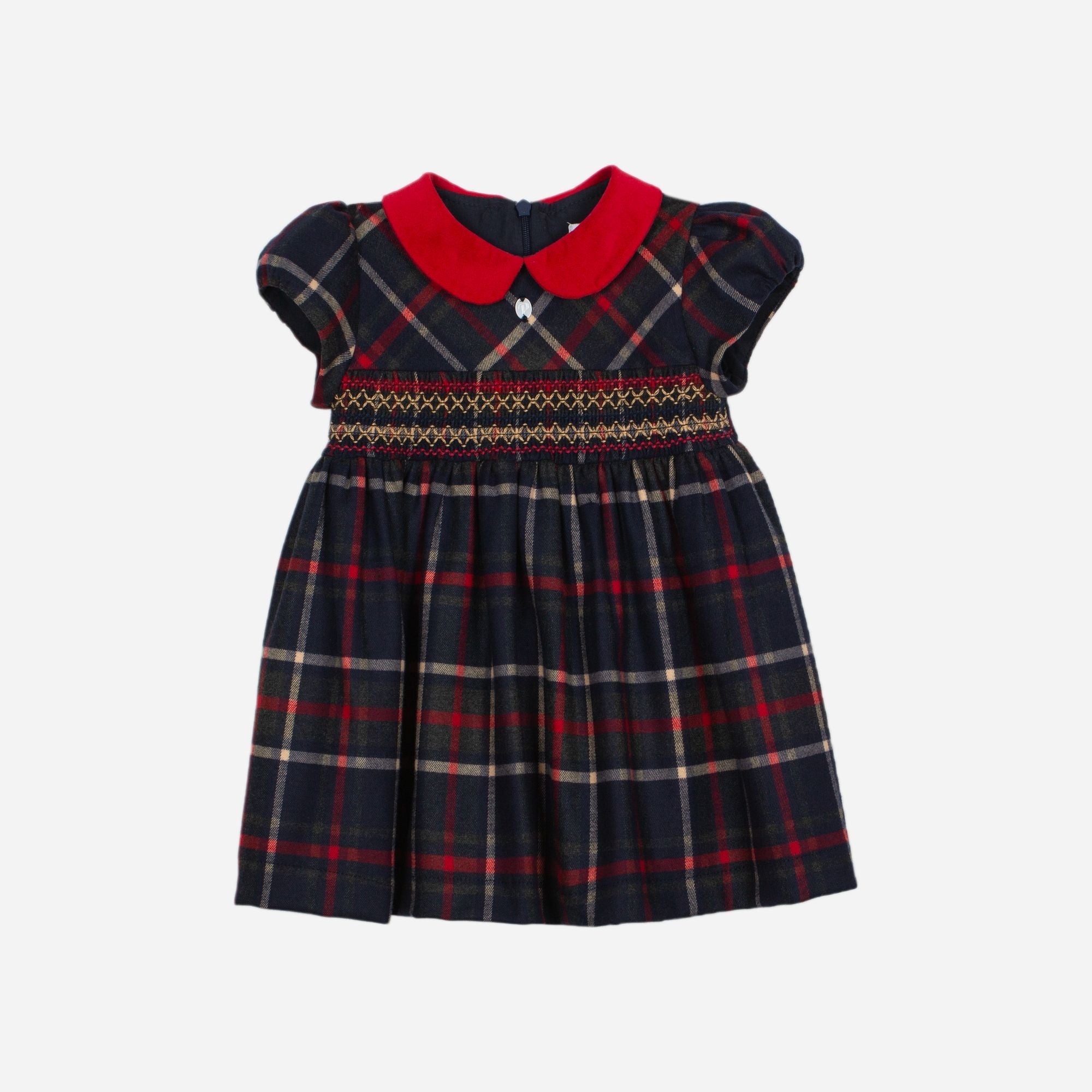 Patachou girls navy tartan Christmas dress with red collar detail