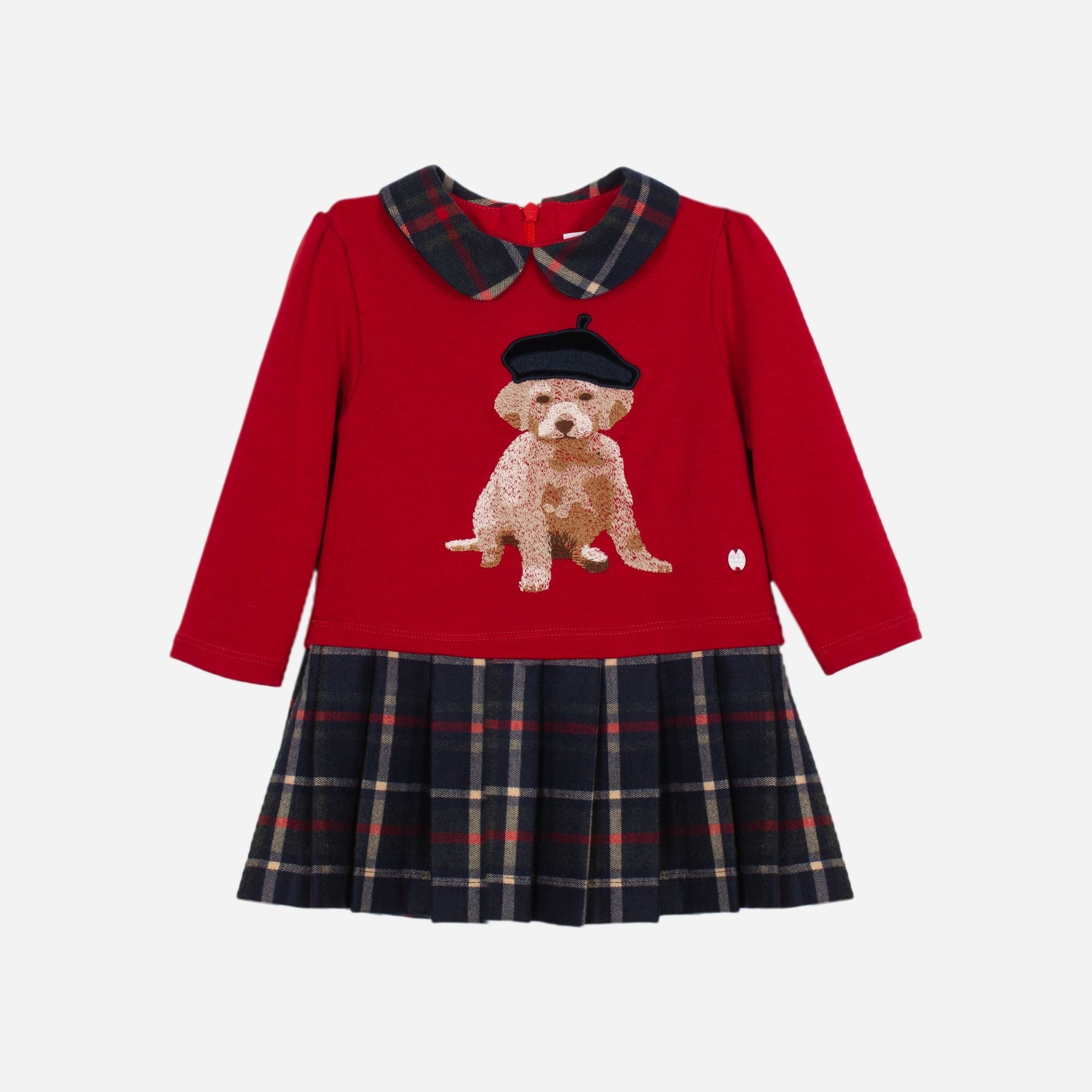 Close up of embroidered dog in beret on Patachou girls tartan Christmas dress