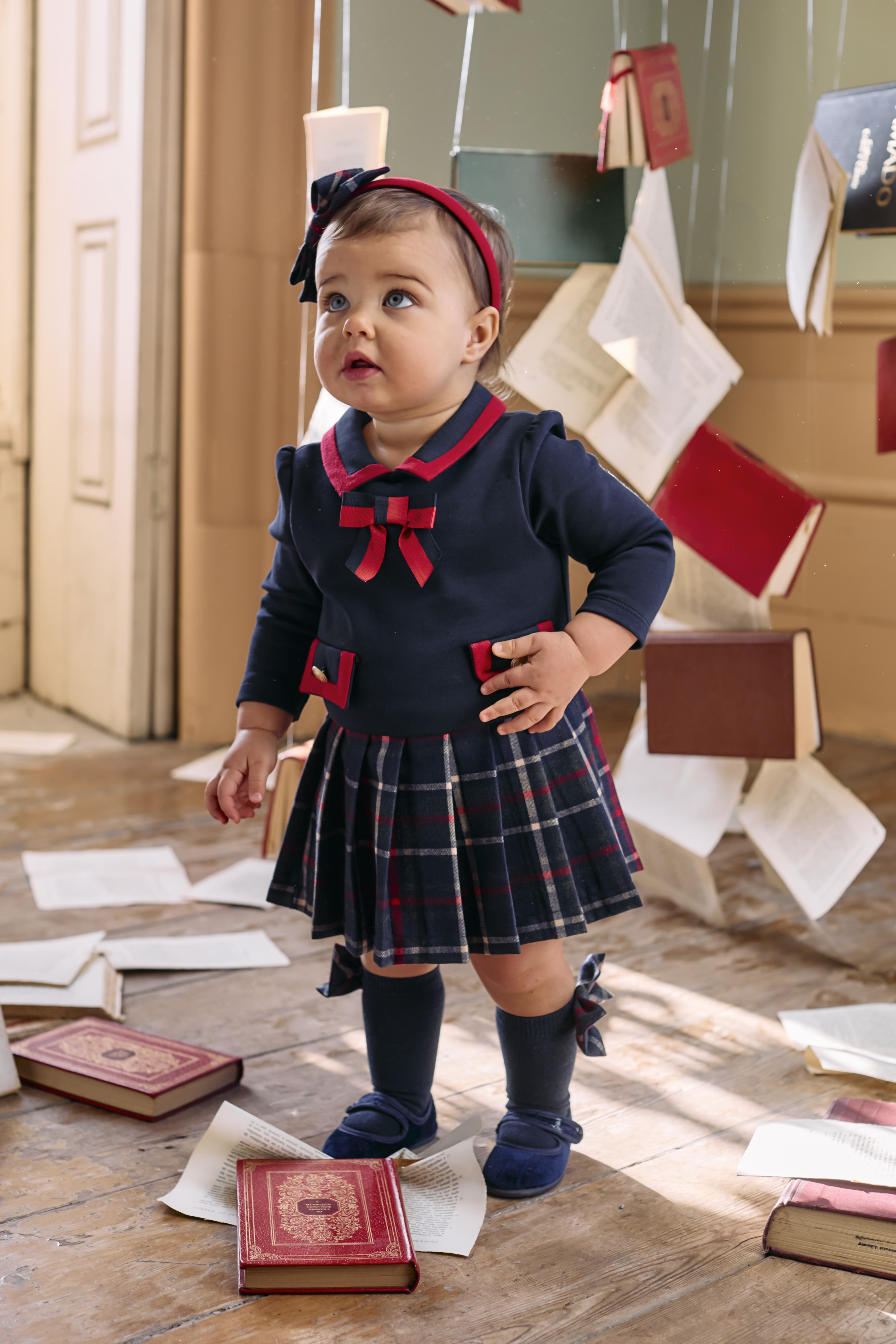 Patachou navy and red tartan Christmas dress on baby girl
