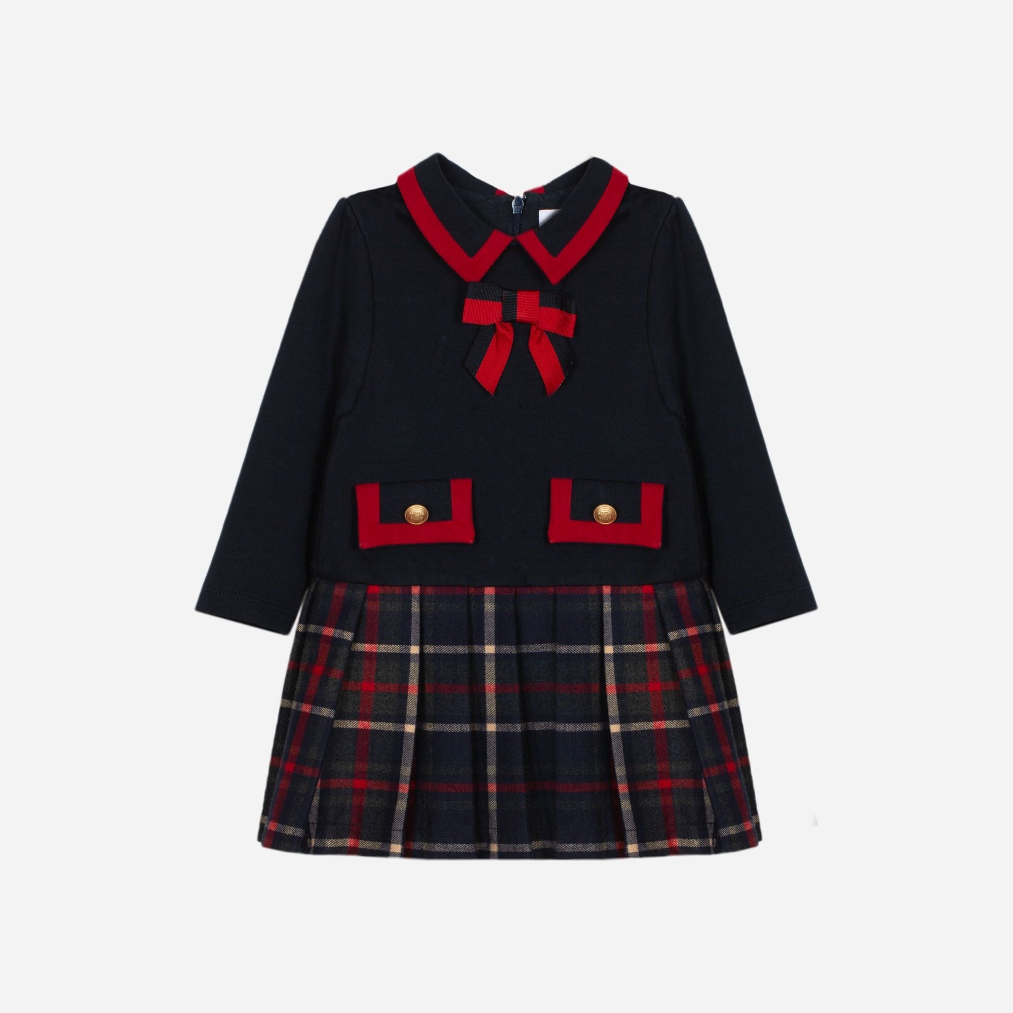Patachou baby girls navy and red tartan Christmas dress front view