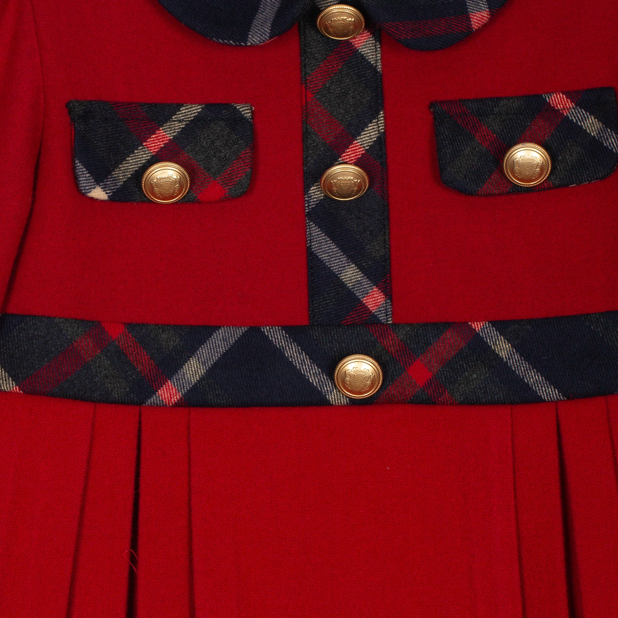 Patachou red & tartan button detail girls party dress – fabric close-up