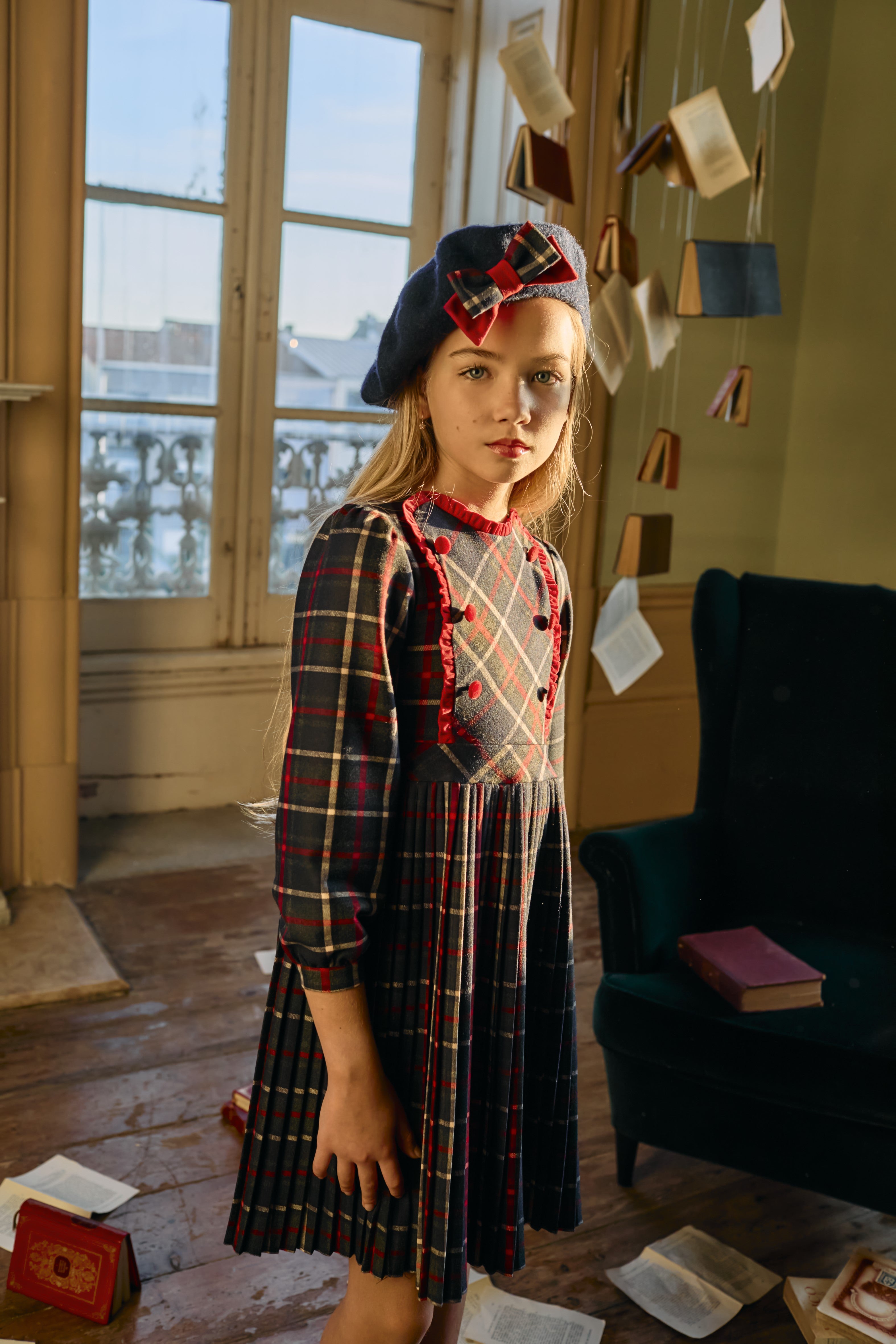 Patachou classic tartan pleated dress – Christmas party outfit styled on girl aged 8