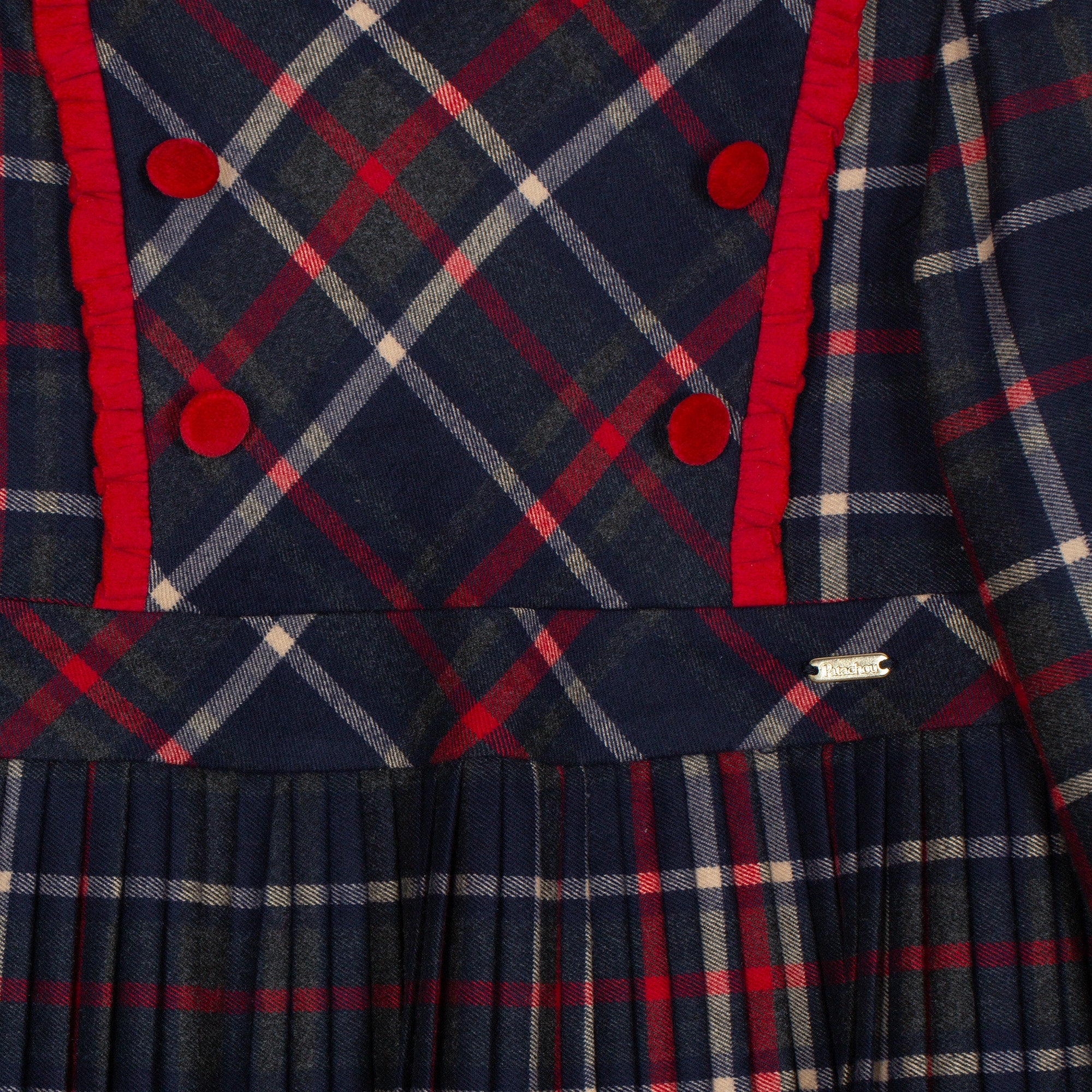 Patachou girls tartan Christmas dress – close-up of red trim and button detail