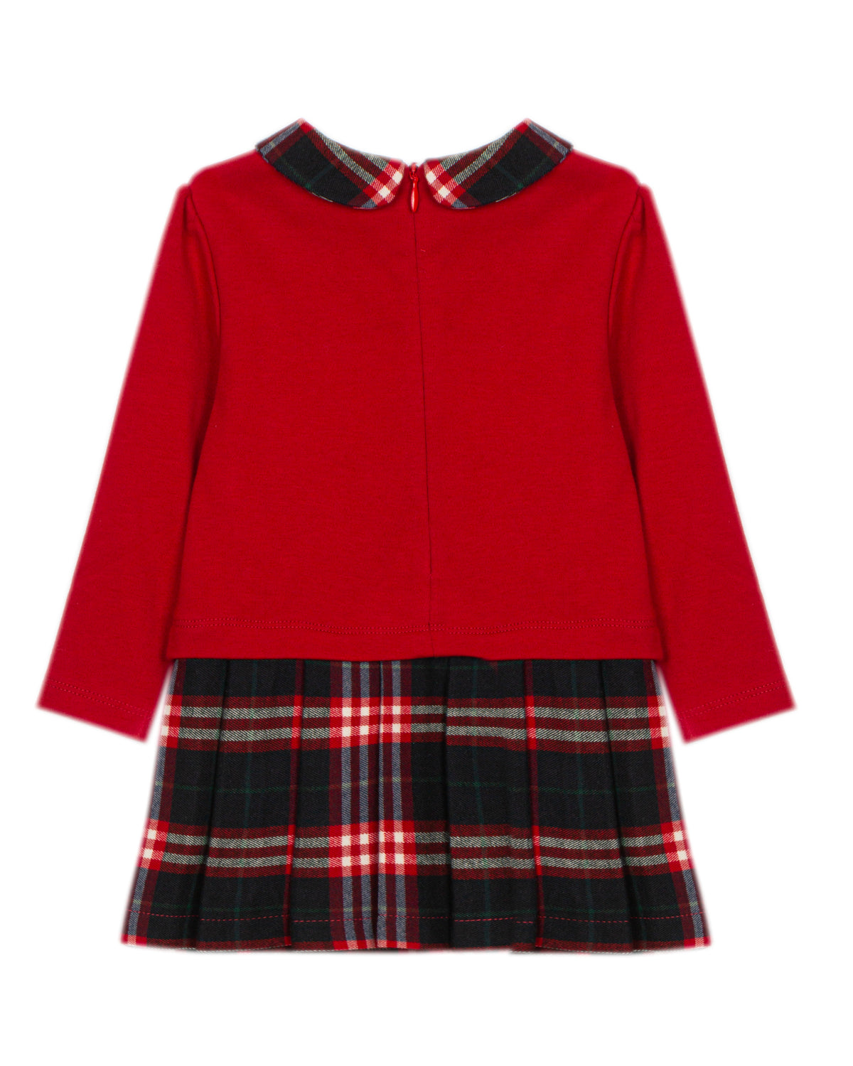 Patachou baby girls red Christmas dress with carousel motif and tartan skirt back view