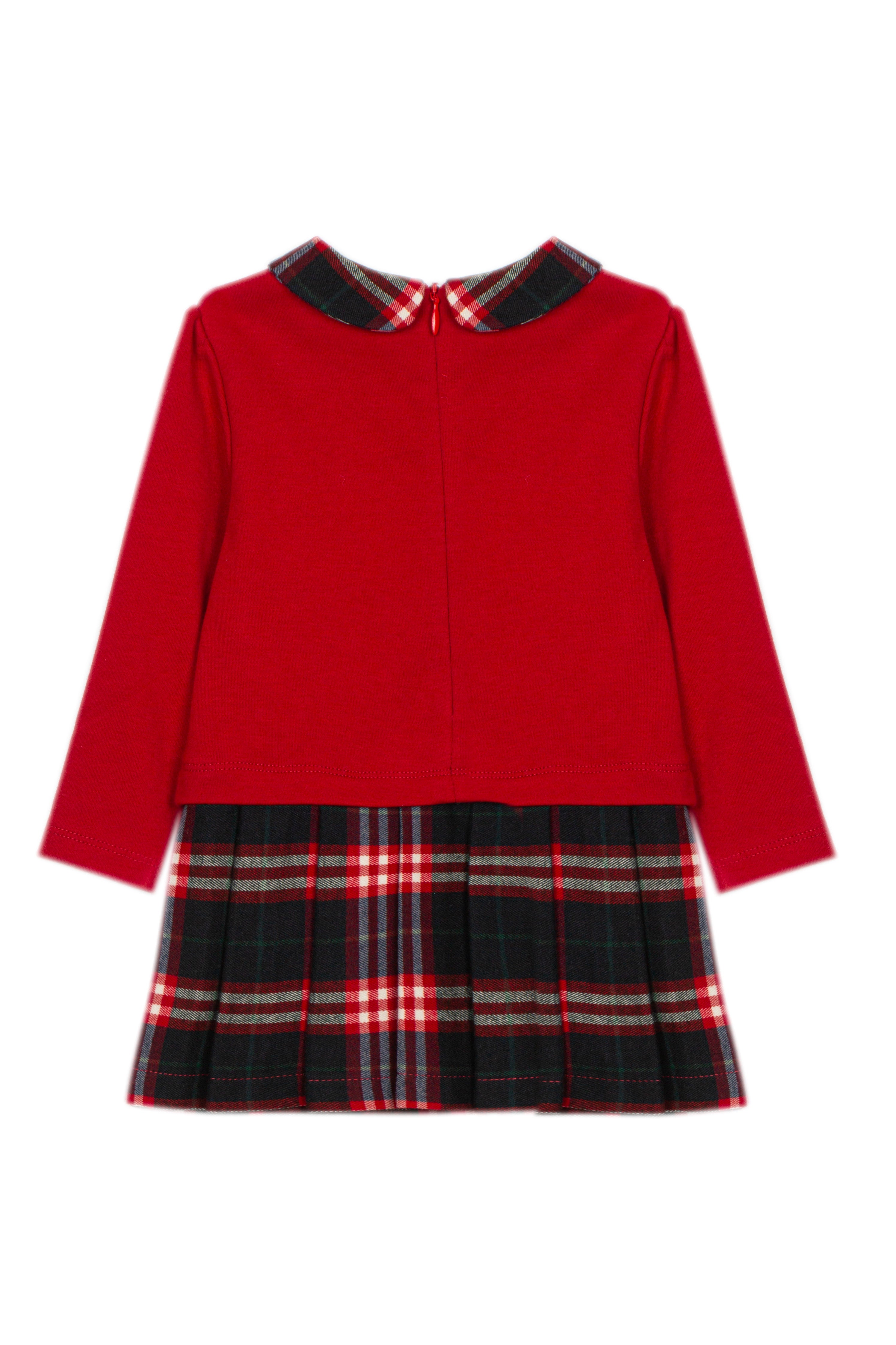 Patachou baby girls red Christmas dress with carousel motif and tartan skirt back view