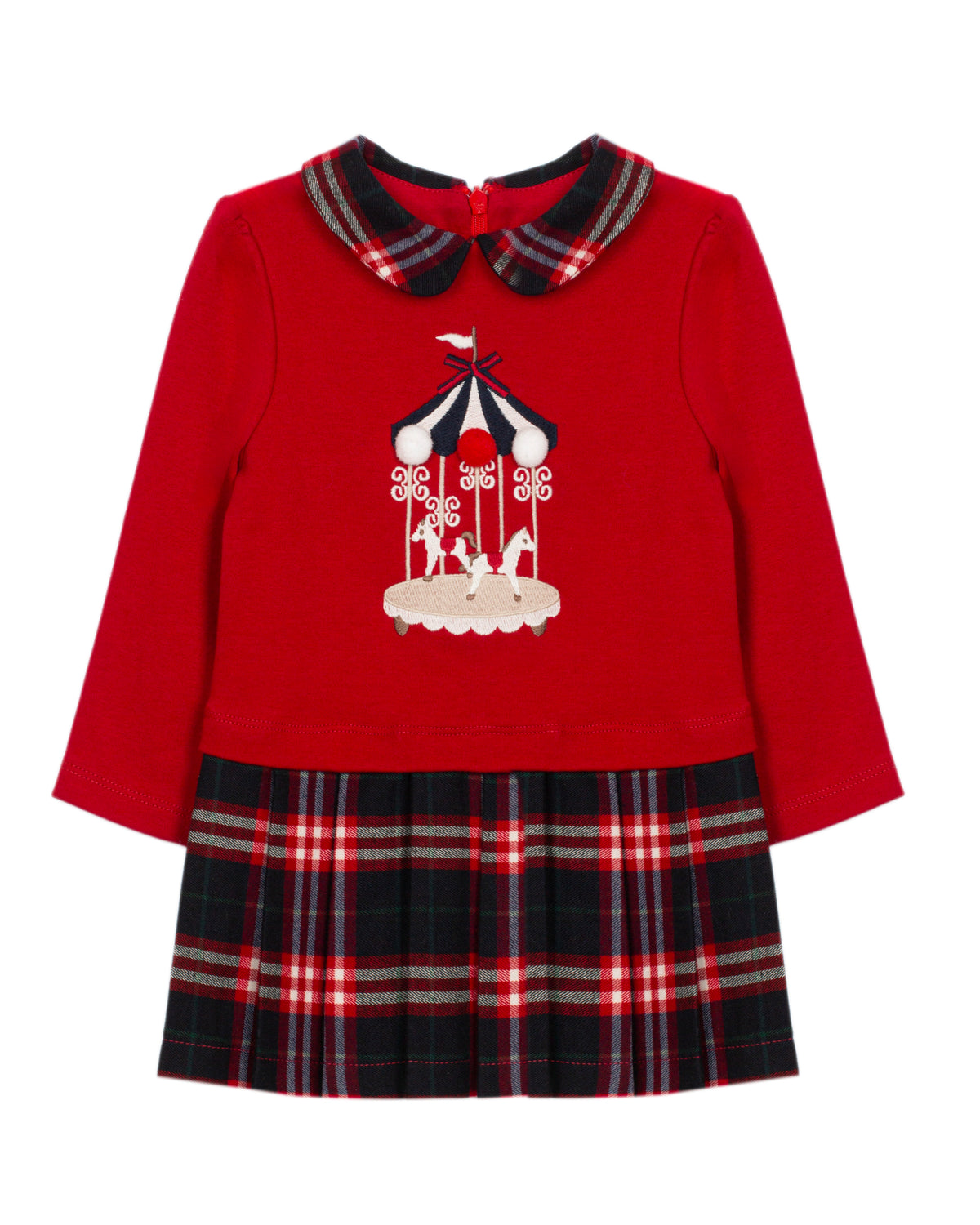 Patachou baby girls red carousel Christmas day dress with tartan skirt back view