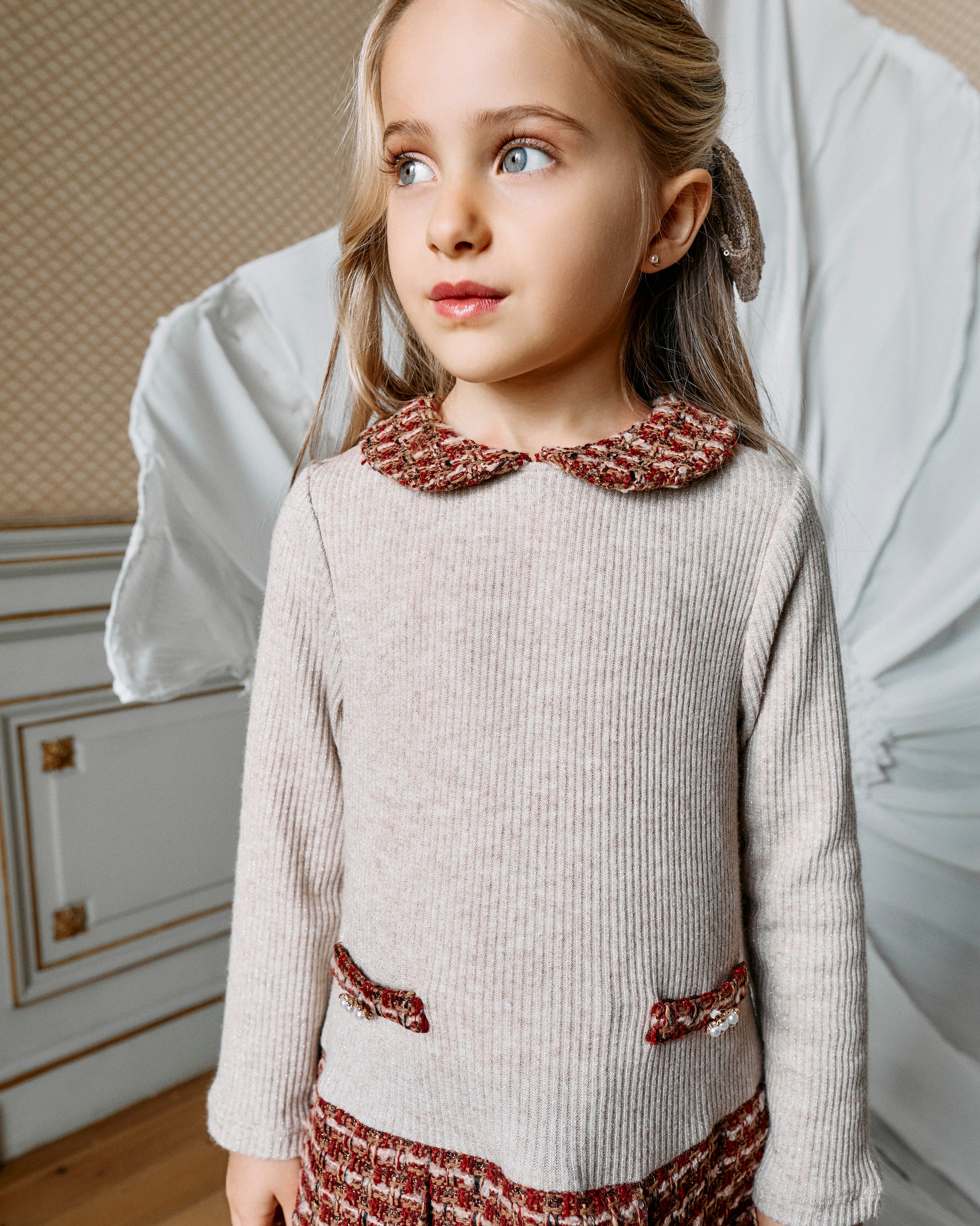 Girl wearing Patachou burgundy tweed dress with Peter Pan collar