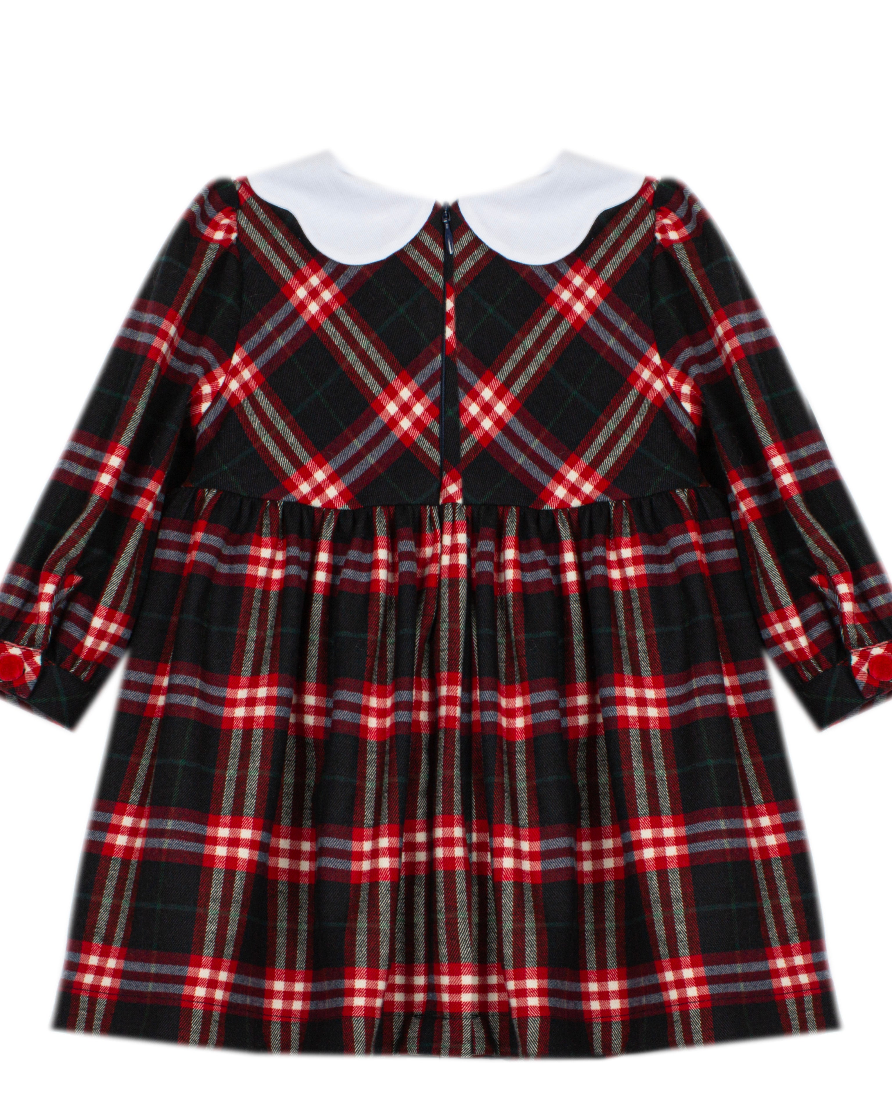 Girl wearing Patachou Balmoral red and navy tartan smocked dress Back view